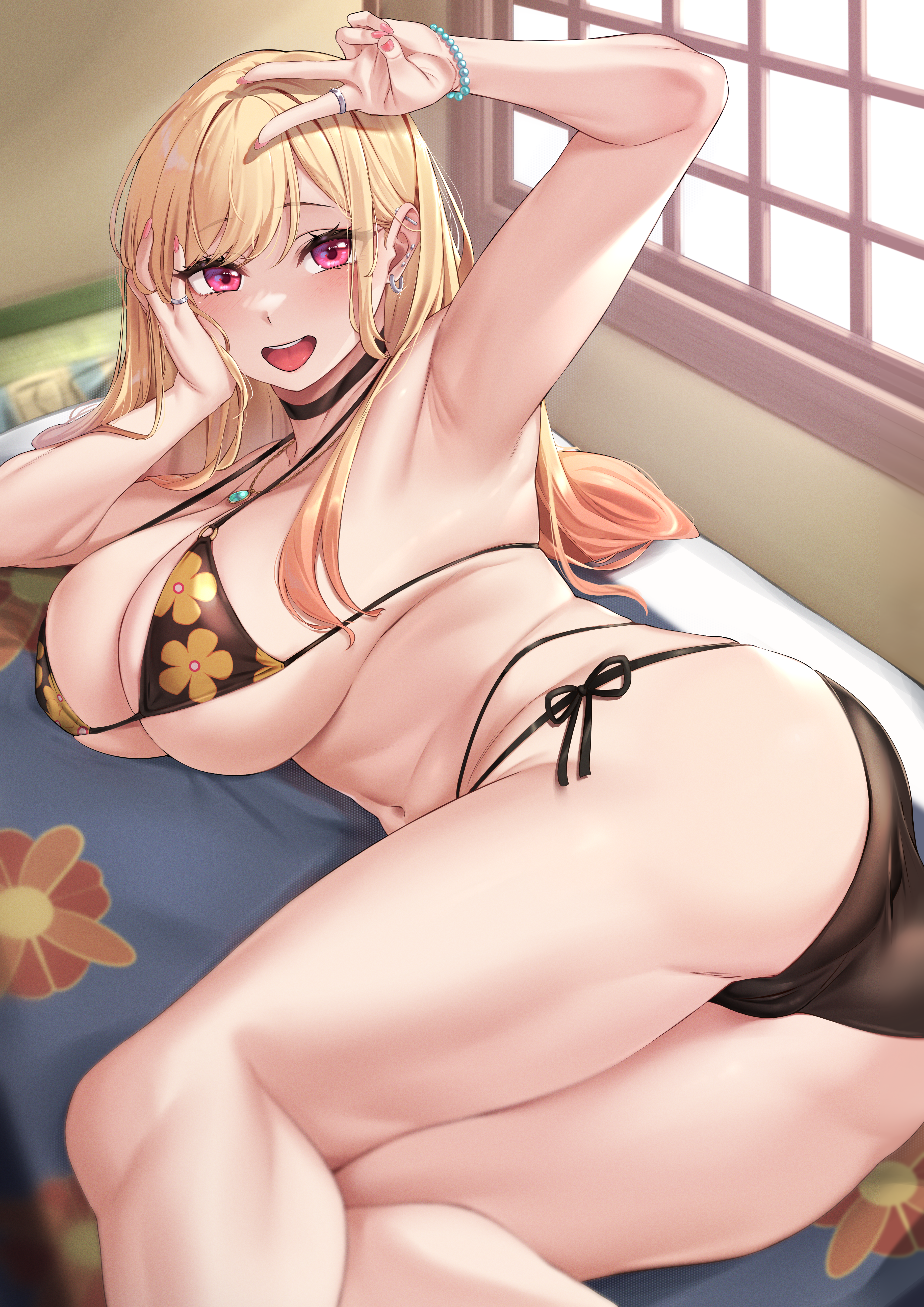 1girls, absurd res, armpits, ass, big breasts, bikini, blonde hair, blush, breasts, choker, eye contact, female, female focus, female only, gyaru, hi res, kitagawa marin, large breasts, long fingernails, long hair, looking at viewer, moisture (chichi), peace sign, pink eyes, solo, sono bisque doll wa koi wo suru, thick thighs, thighs