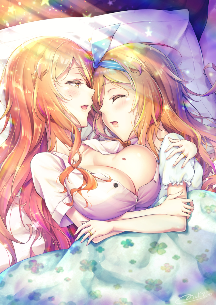 1boy blanket blue_ribbon breasts brother_and_sister crossdressing femboy girly hugging large_breasts long_hair male mole_on_breast natsusora_aona natsusora_wakana nobady orange_hair original original_character painted_nails pajamas pillow ribbon ring short_sleeves sleeping