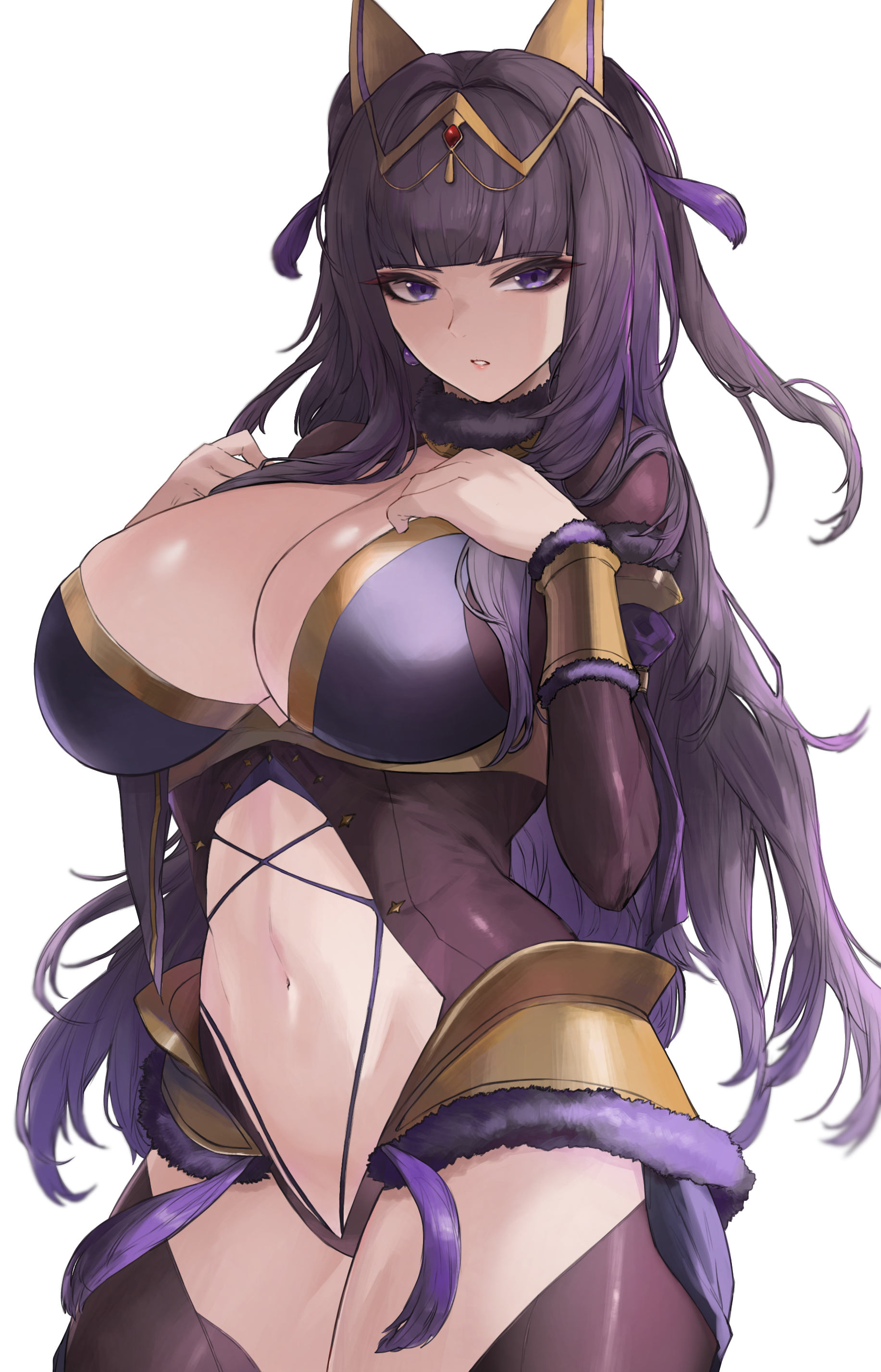 1girls, 2022, absurdres, alternate costume, animal ear hairband, animal ears, armlet, bangs, bare thighs, black hair, blunt bangs, bracelet, breasts, circlet, cleavage, commission, female, female only, fire emblem, fire emblem awakening, fur collar, grey background, hair ornament, hand on chest, hi res, highres, hips, huge breasts, inner thighs, jewelry, kataku musou, long hair, long sleeves, looking at viewer, midriff, navel, nintendo, open mouth, purple clothing, purple eyes, slim waist, solo, tassel, tharja (fire emblem), thick thighs, thighs, two side up, very long hair, wide hips