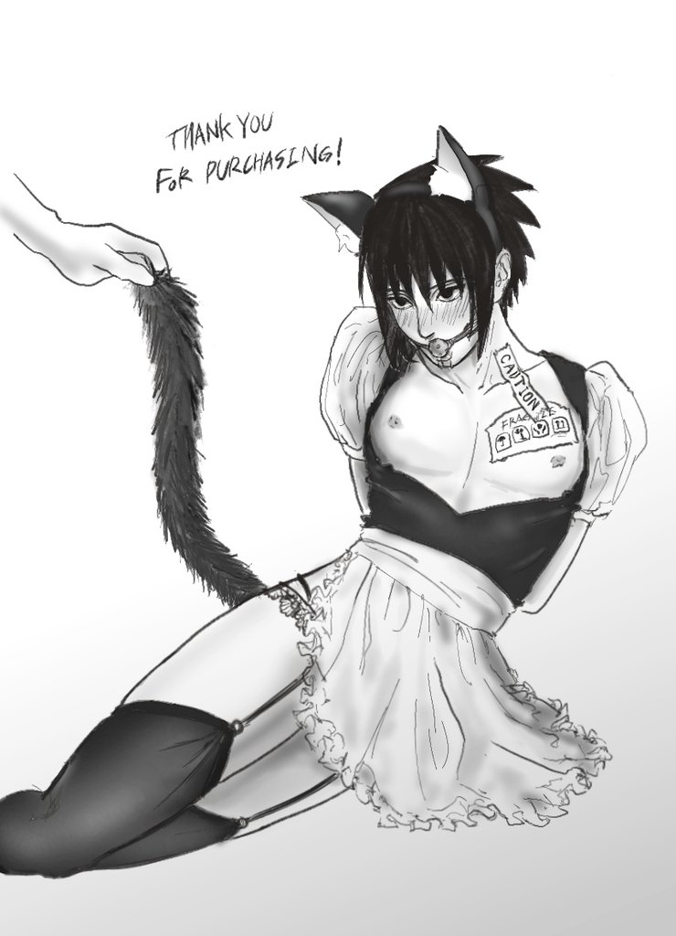 2boys, arms behind back, ball gag, before sex, blush, bondage, cat boy, cat ears, cat tail, catboy, commentary, crossdressing, crossdressing male, dress, faceless male, fake animal ears, fake tail, femboy, g-string, gag, garter belt, garter straps, gay, immobile, implied anal, label, legs together, legwear, long hair, lying, lying on side, maid, maid uniform, male, male focus, male only, male/male, malesub, monochrome, mouth gag, naruto, naruto (series), naruto shippuden, nipples, open clothes, open dress, out of frame, panties, pecs, restrained, sasuke uchiha, sex slave, sex toy, sex toy in ass, submissive, submissive male, tail grab, talking, talking to viewer, text, vuno, yaoi