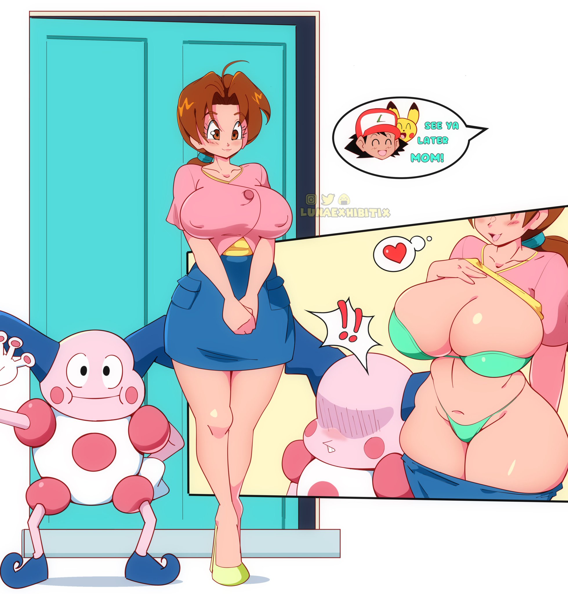 1boy, 1girls, ash ketchum, big breasts, black hair, bra, breasts, brown hair, cleavage, delia ketchum (pokemon), female, imminent sex, large breasts, lunaexhabbitix, male, milf, mr. mime, navel, nintendo, nipple bulge, open mouth, panties, pikachu, pokémon (species), pokemon, pokemon (species), presenting, presenting breasts, skirt, thick thighs, thighs, wide hips