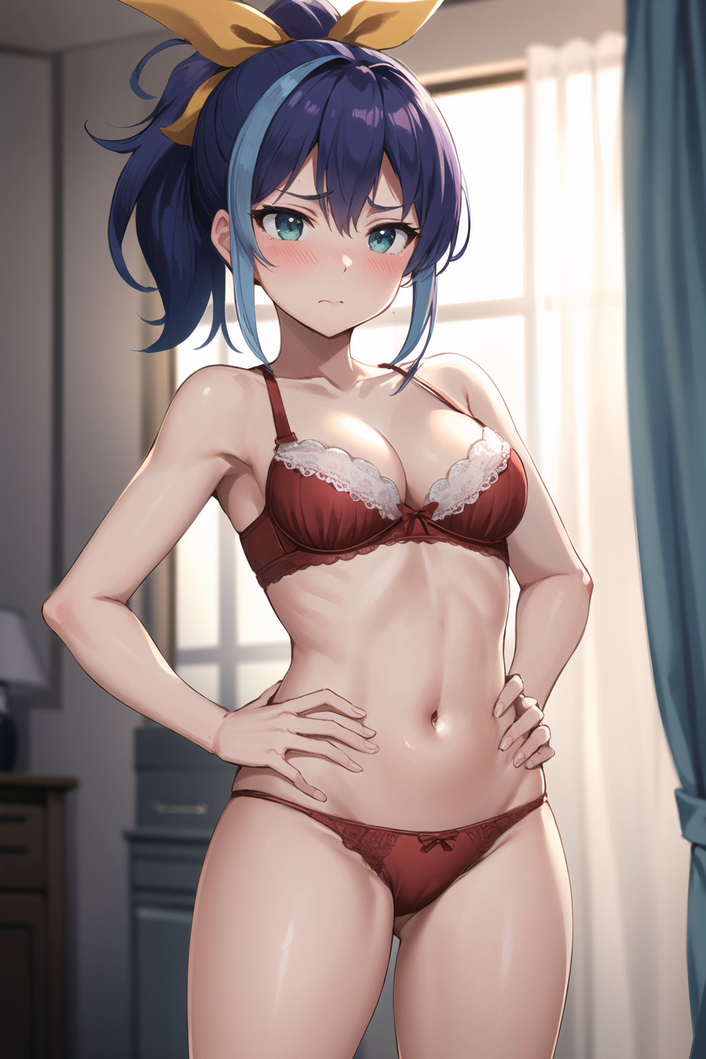 abdomen ai_generated blue_hair blush celina female female_focus green_eyes looking_at_viewer mr.bungleberry navel nervous ponytail ribbon serena_(yu-gi-oh!_arc-v) small_breasts underwear yu-gi-oh! yu-gi-oh!_arc-v