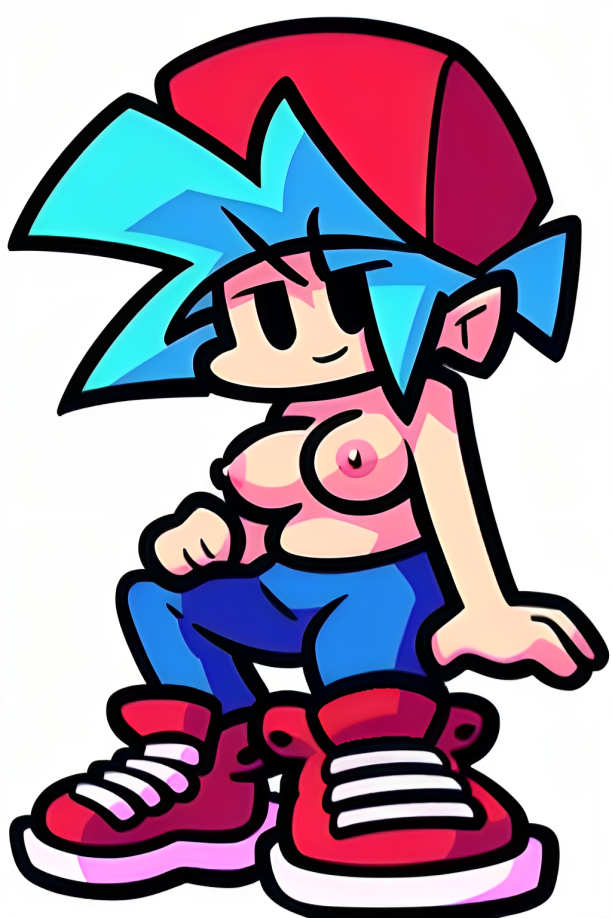 ai_generated backwards_baseball_cap black_eyes boyfriend_(friday_night_funkin) female_boyfriend_(friday_night_funkin) friday_night_funkin friday_night_funkin_mod genderswap jeans looking_at_viewer pixai red_cap red_shoes rule_63 shirtless shirtless_female short_hair sitting smirk topless white_background