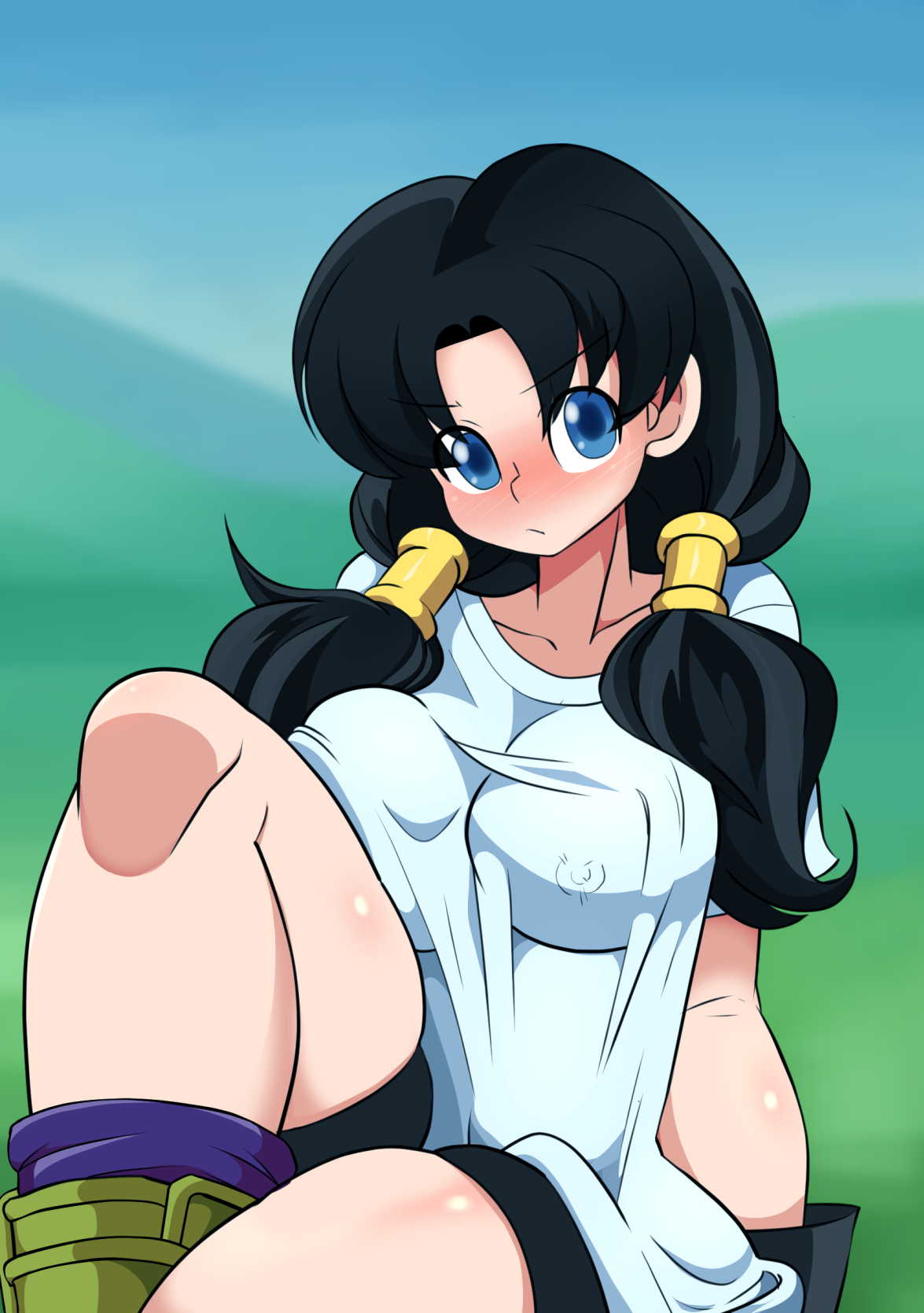 1girls, black hair, blue eyes, breasts, chesterzee, clothed, dragon ball, dragon ball z, female, female only, gokubuttonzee, large breasts, looking at viewer, nipples visible through clothing, solo, twintails, videl