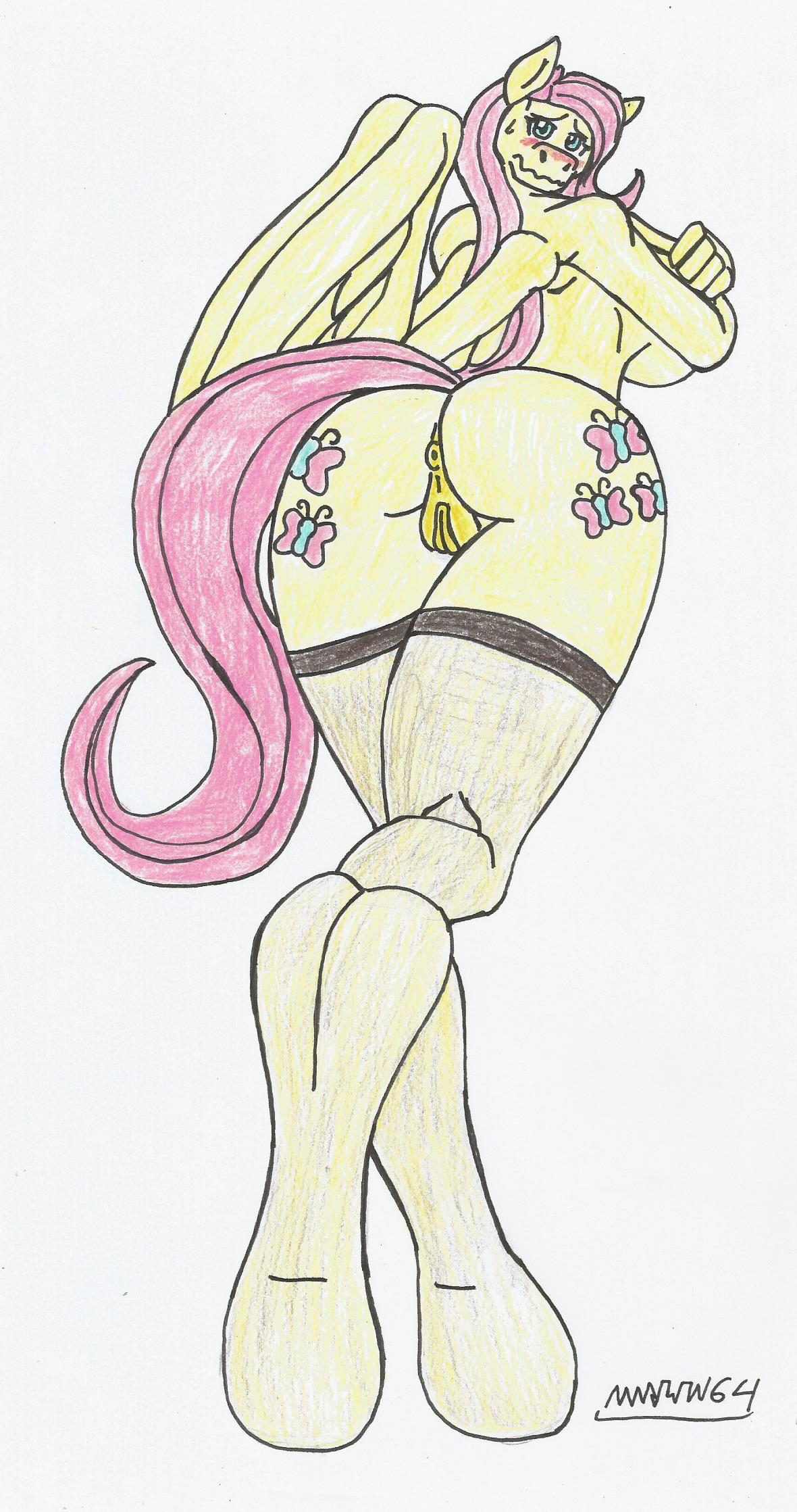 anthro big_ass big_breasts big_butt blue_eyes covering_breasts dat_ass embarrassed embarrassed_nude_female fluttershy_(mlp) furry gold_pussy hasbro looking_at_viewer looking_back looking_embarrassed marlon64 my_little_pony my_little_pony_friendship_is_magic naked_female naked_stockings pegasus pegasus_pony pink_hair solo traditional_drawing_(artwork) white_background winged_humanoid yellow_body yellow_fur