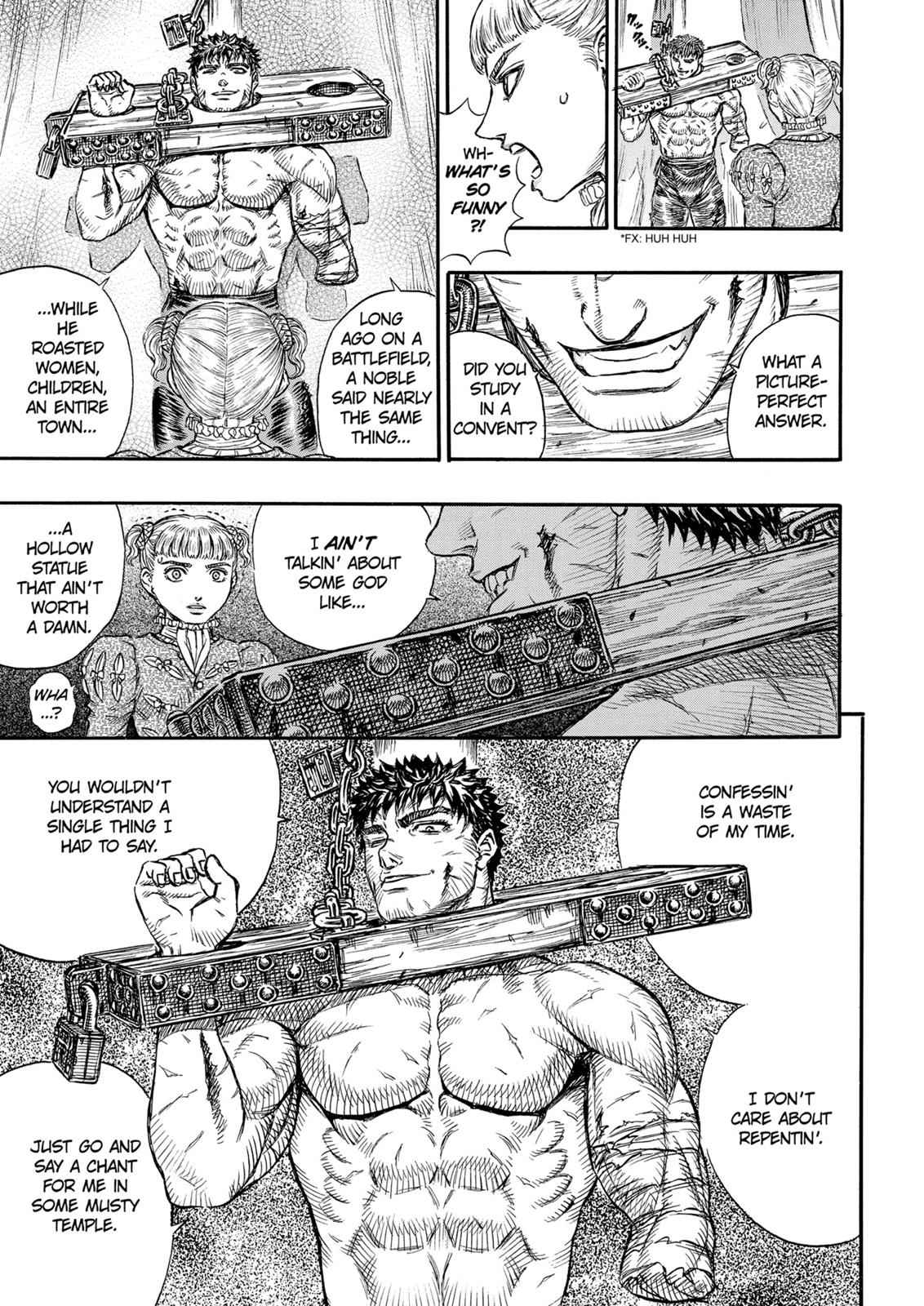 1boy 1boy1girl angry angry_face berserk biceps bigger_male black_hair blonde_hair canon clothed_female dialogue farnese female guts_(berserk) manga miura_kentarou monochrome pale-skinned_female pale_skin partially_nude pecs screenshot short_hair smaller_female smile text whip