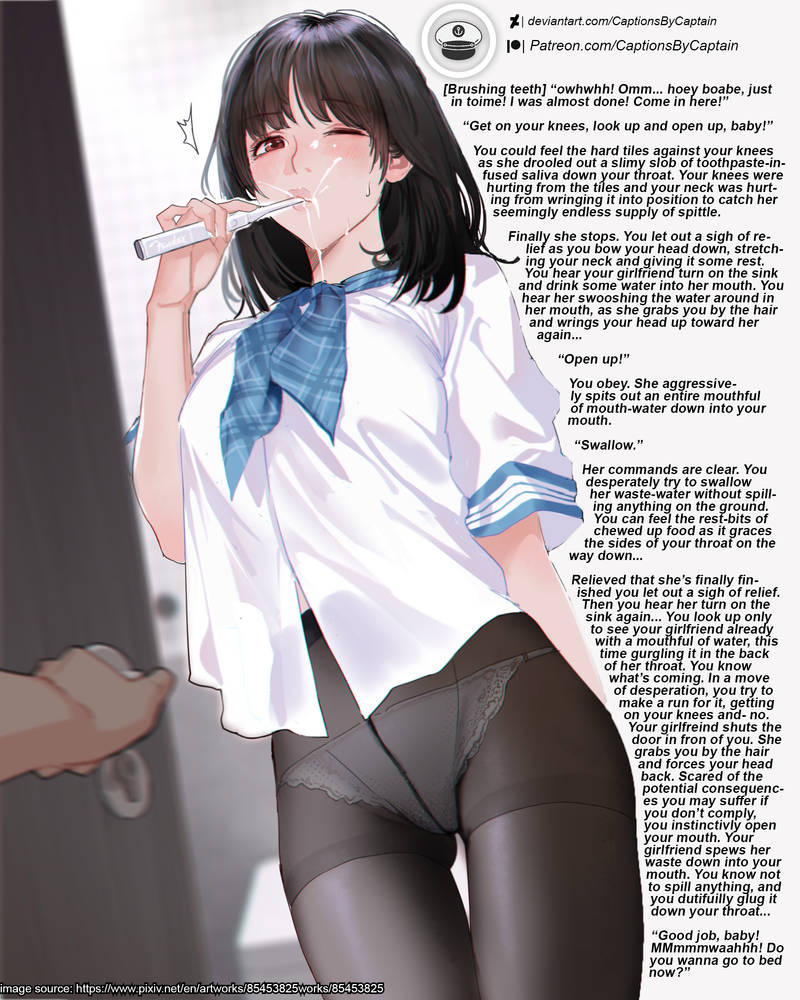 bathroom big_breasts brushing_teeth dark_hair drool drool_on_face electric_toothbrush english_text fear femdom femdom_caption forced girlfriend human_waste_recepticle one_eye_closed pantyhose school_uniform text toothbrush trying_to_escape