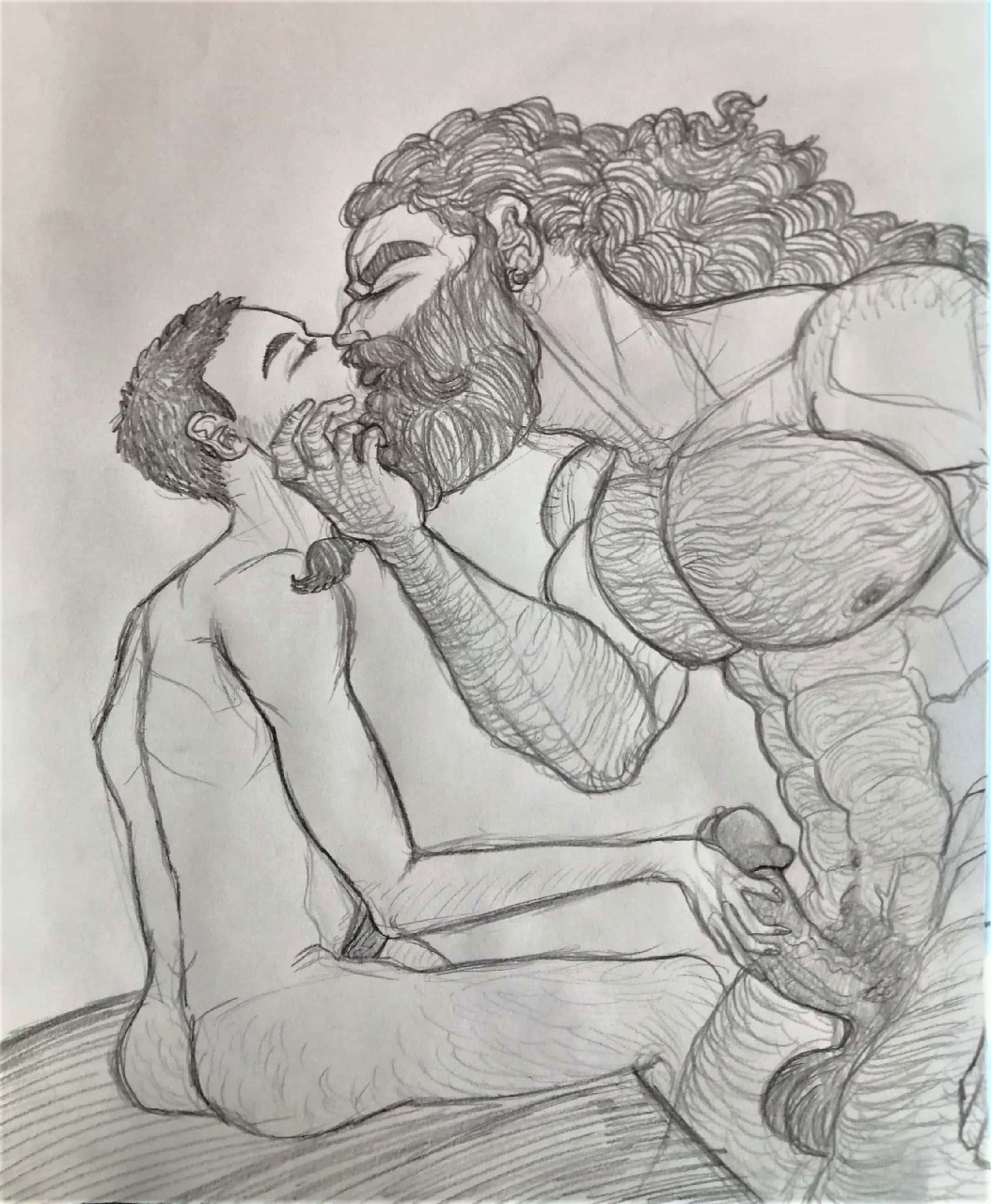 bartel beard beard_stubble bearded daniel facial_hair french_kiss gay hairy_balls hairy_ches hairy_male holding_face human kissing long_hair long_hair_male manly muscle muscular muscular_male pencil pencil_(artwork) short_hair short_hair_male size_difference sketch traditional_art traditional_media_(artwork)