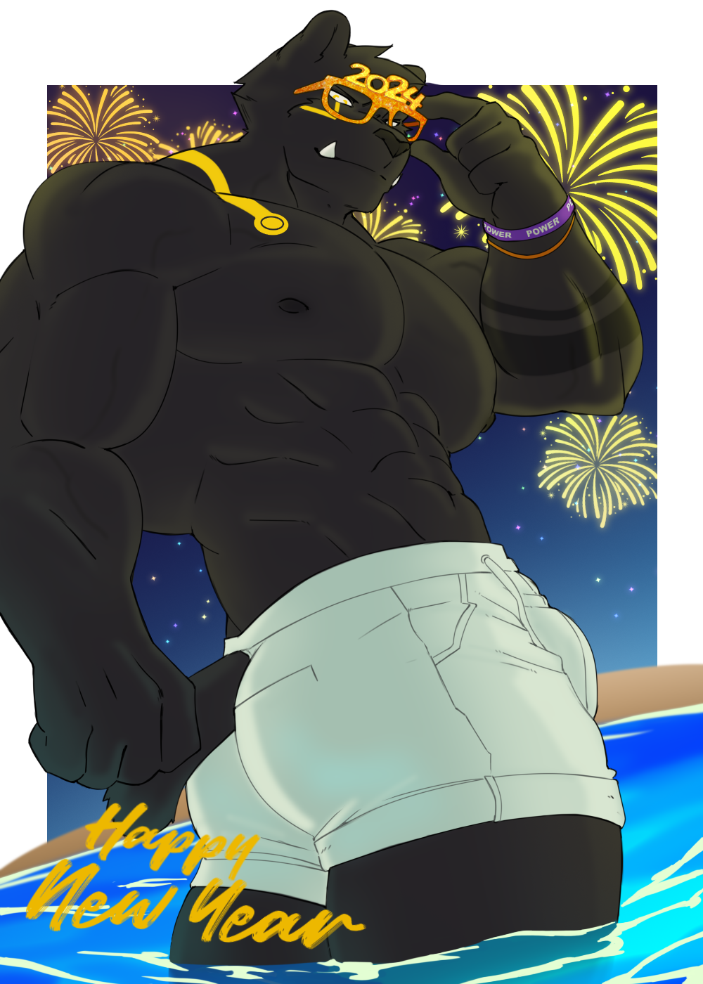 2020s 2024 bara beach black_fur feline glasses greed_(greedmasterh) greedmasterh happy_new_year holidays looking_at_viewer looking_back muscle muscular_male solo solo_male