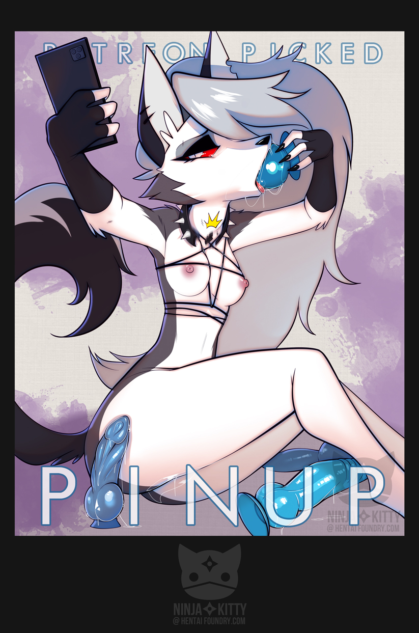 anthro, anthro only, black nose, breasts, canid, canid demon, canine, demon, dildo, ear piercing, eyebrow piercing, facial piercing, female, female only, furry, furry only, goth, grey body, grey fur, grey hair, hair, hellhound, helluva boss, loona (helluva boss), mammal, ninjakitty, nipples, piercing, red sclera, sex toy, white body, white eyes, white fur