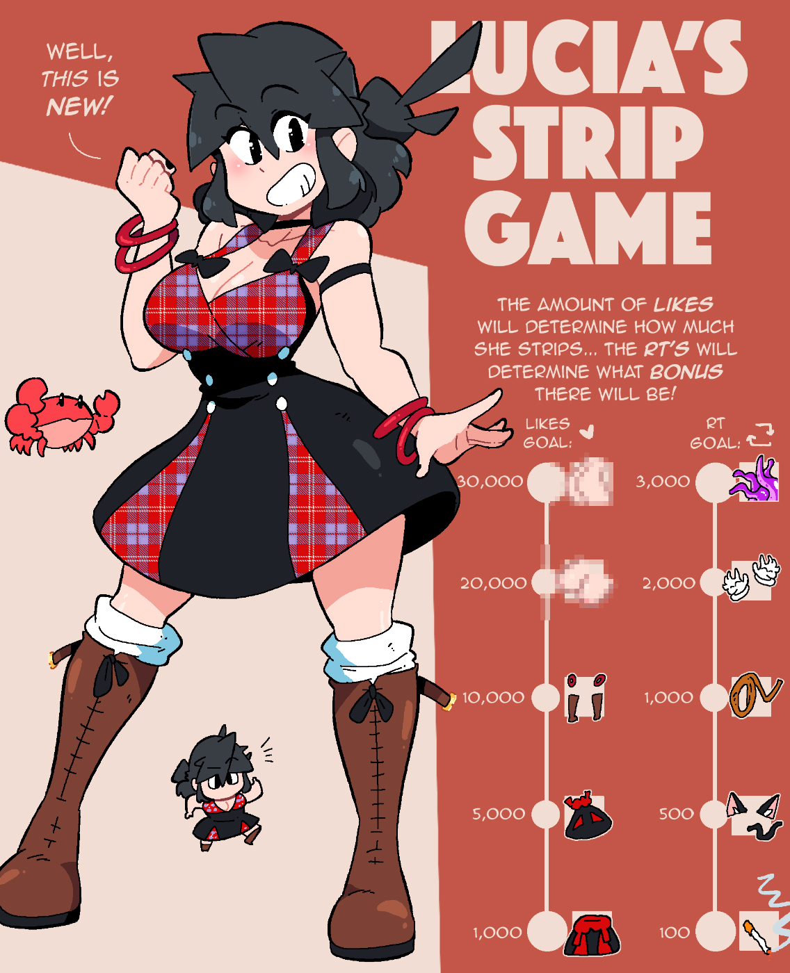 1girls, breasts, female, fully clothed, large breasts, lucia (scott malin), original, original character, scott malin, strip game, tagme, twitter strip game