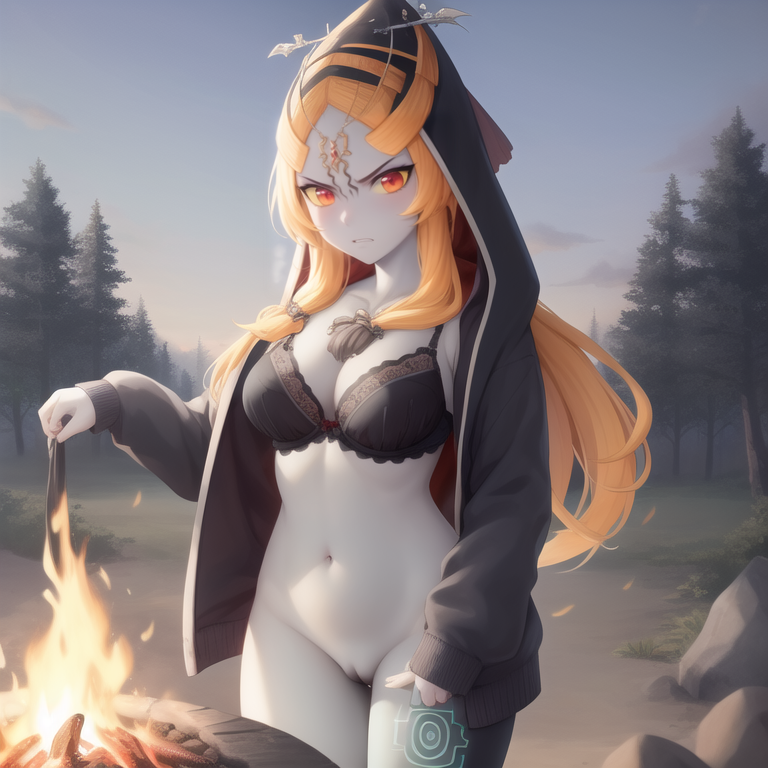 1girls ai_generated breasts burning_clothes cape clothing female female_only happy long_hair midna nintendo public_nudity pussy ruptuorie small_breasts solo the_legend_of_zelda twili_midna twilight_princess