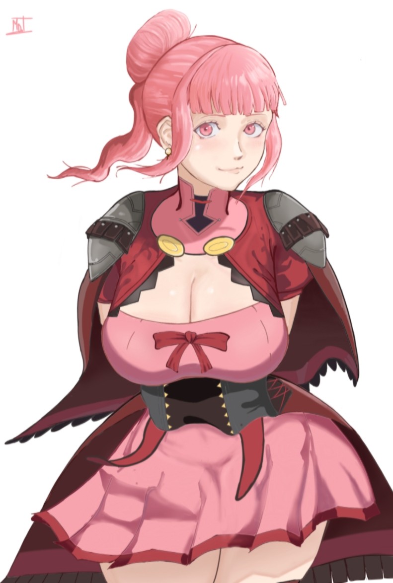 1girls alternate_hairstyle bangs bare_thighs breasts cleavage female female_only fire_emblem fire_emblem:_three_houses fire_emblem_warriors fire_emblem_warriors:_three_hopes hilda_valentine_goneril large_breasts looking_at_viewer magdalenus27 nintendo pink_eyes pink_hair ponytail smile solo thighs white_background