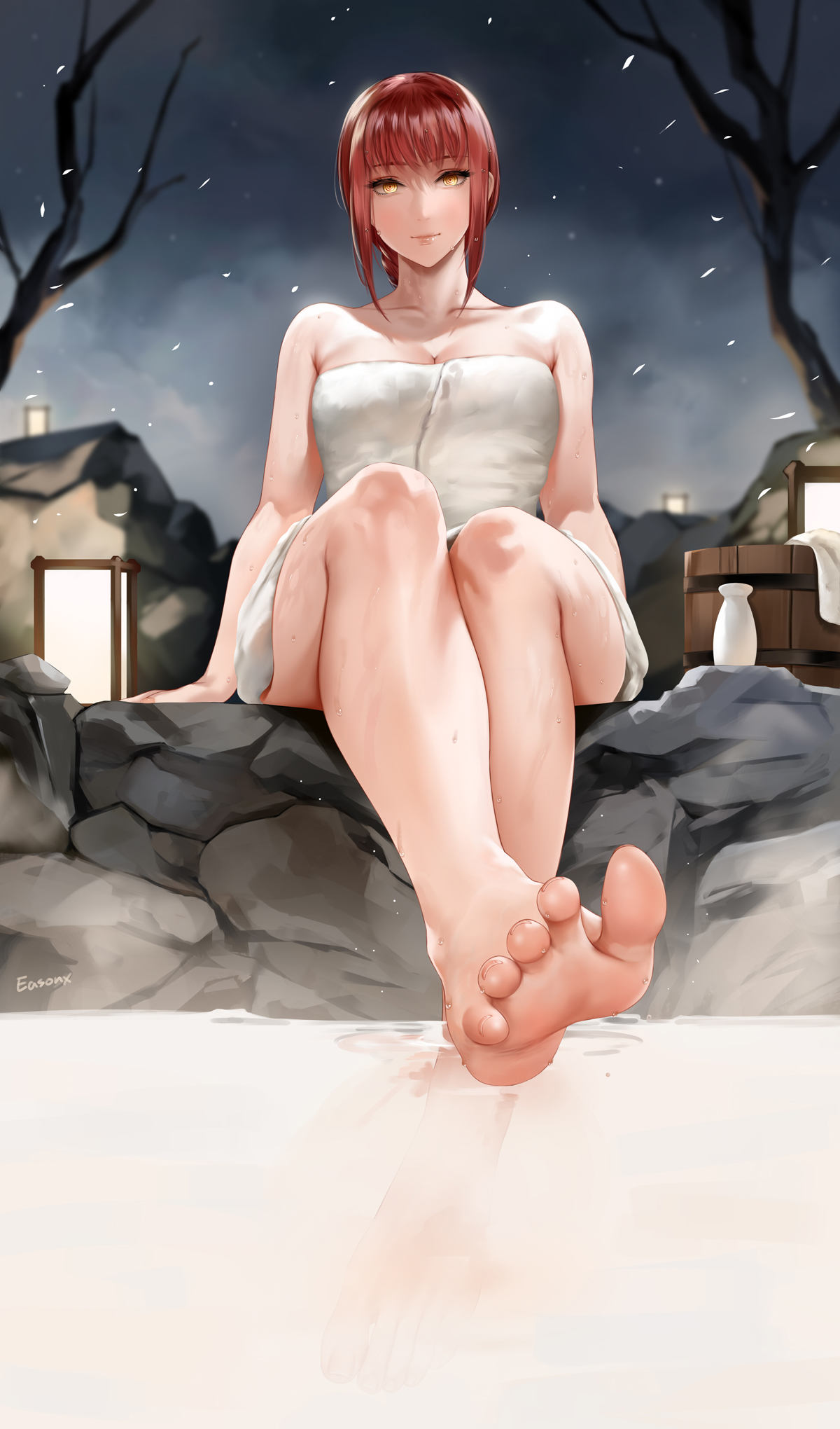 1girls, bare shoulders, barefoot, chainsaw man, easonx, feet, feet focus, female, female only, foot fetish, foot focus, hot spring, legs, light skin, light-skinned female, makima (chainsaw man), naked towel, red hair, shounen jump, sitting, solo, spiral eyes, toes, towel, towel only, water, wet body, wet skin, yellow eyes