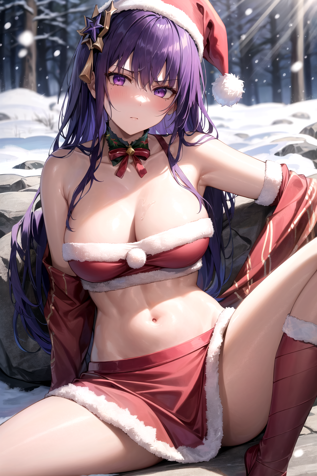 ai generated, bangs, belly button, embarrassed, female, genshin impact, nervous, purple eyes, purple hair, raiden shogun, shy, stable diffusion