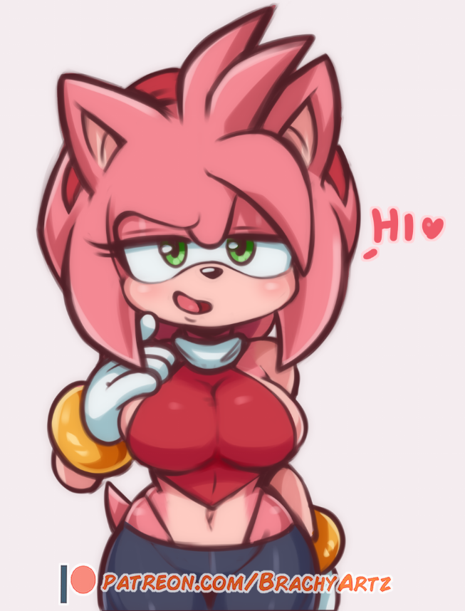 amy_rose anthro big_breasts brachyzoid breasts cleavage clothed clothing dialogue english_text female fur furry furry_only green_eyes heart hourglass_figure pants sega solo sonic_(series) tail text thong