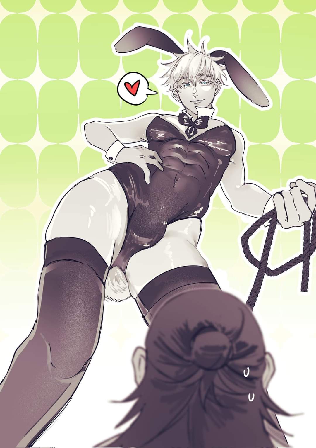 2boys black_hair blue_eyes bondage boyfriend bulge bulge_through_clothing bunny_boy bunny_ears bunny_tail bunnysuit cloth color erect_nipples erect_penis erection excited gay heart jujutsu_kaisen long_hair looking_at_another looking_at_partner looking_back male male/male moy64904958 muscular_male penis_markings pink_body pov satoru_gojo stockings suguru_geto twink white_body white_hair yaoi