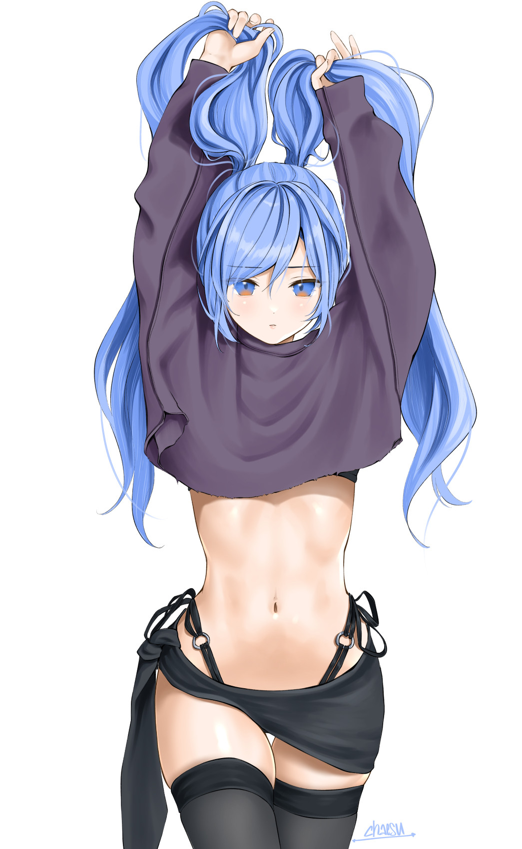 1girls arms_up blue_eyes blue_hair chaesu crop_top female female_only long_hair looking_at_viewer minah original original_character pose posing stomach thighhighs twintails twintails
