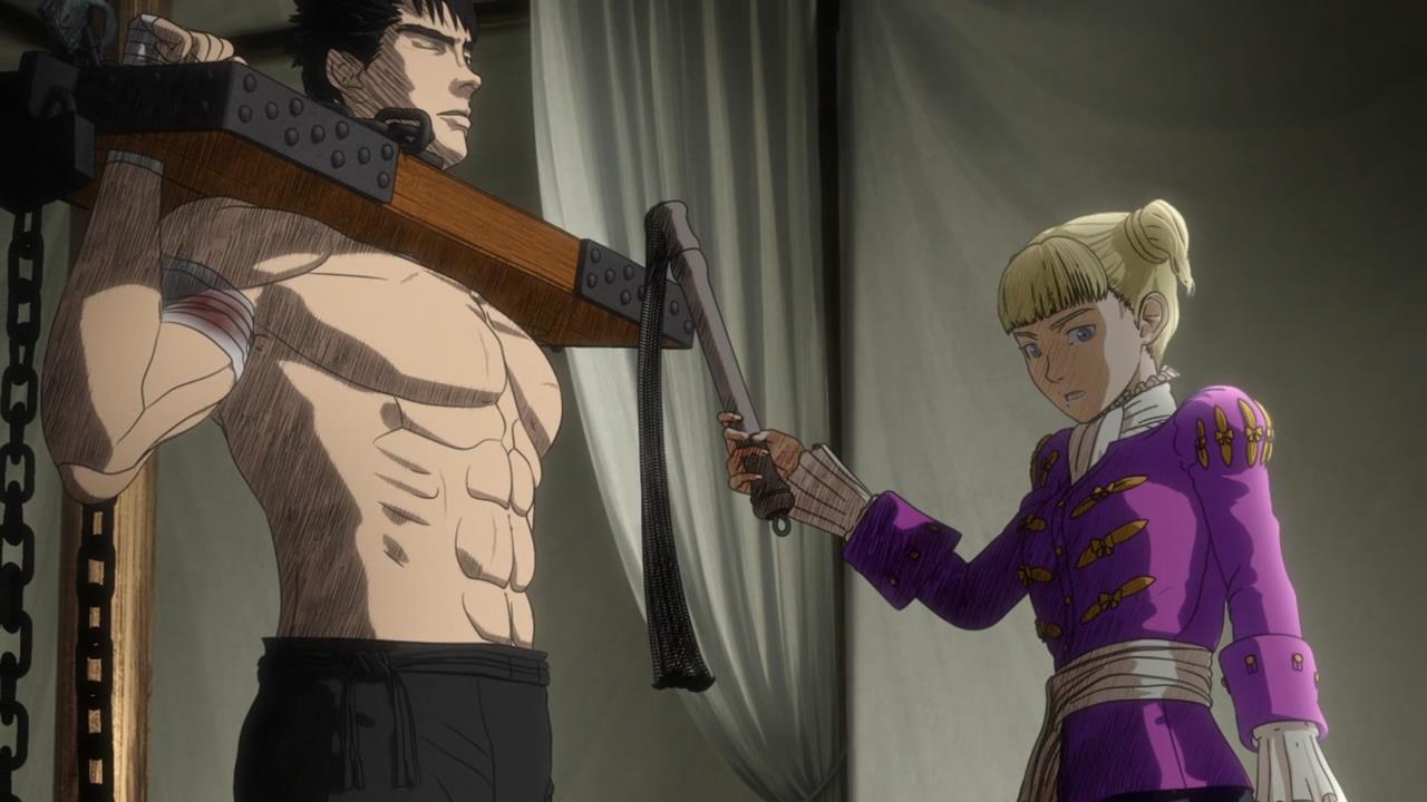 1boy 1boy1girl 2016 3d anime berserk bigger_male black_hair blonde_hair blood clothed_female excited excited_female farnese female frame guts_(berserk) muscular muscular_male pale-skinned_female partially_nude screenshot size_difference smaller_female tied_hands whip