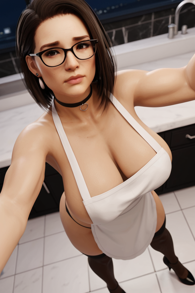 3d 3d_(artwork) ai_generated apron big_ass big_breasts brown_hair brown_hair busty cassandra(oc) cleavage glasses housewife kitchen medium_hair milf mommy mother mother radnsad solo solo_female solo_focus thick_thighs