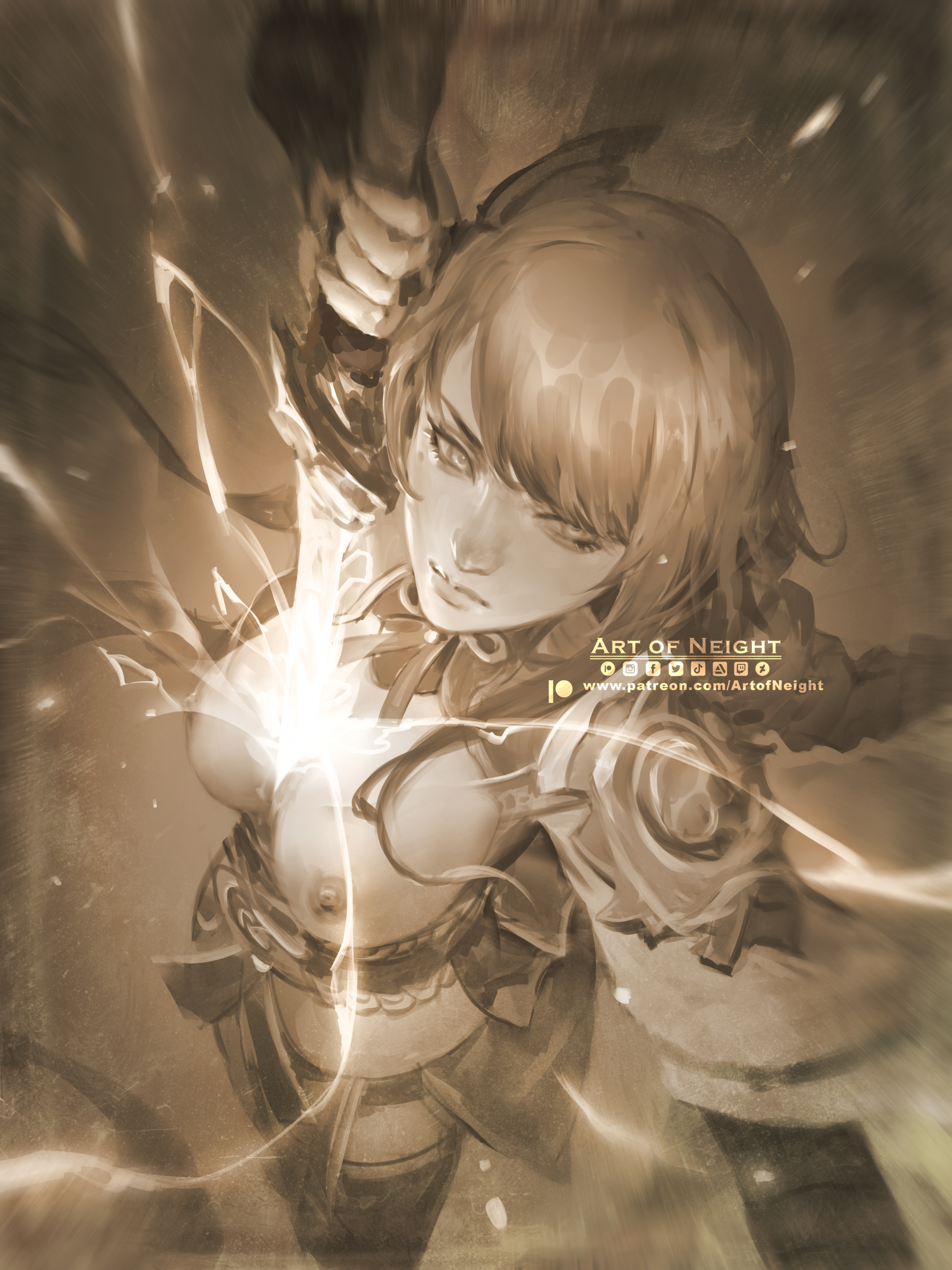 4k, breasts, female, genshin impact, high resolution, katana, long hair, neight, nipples, patreon, raiden shogun, solo female, sword, topless, watermark