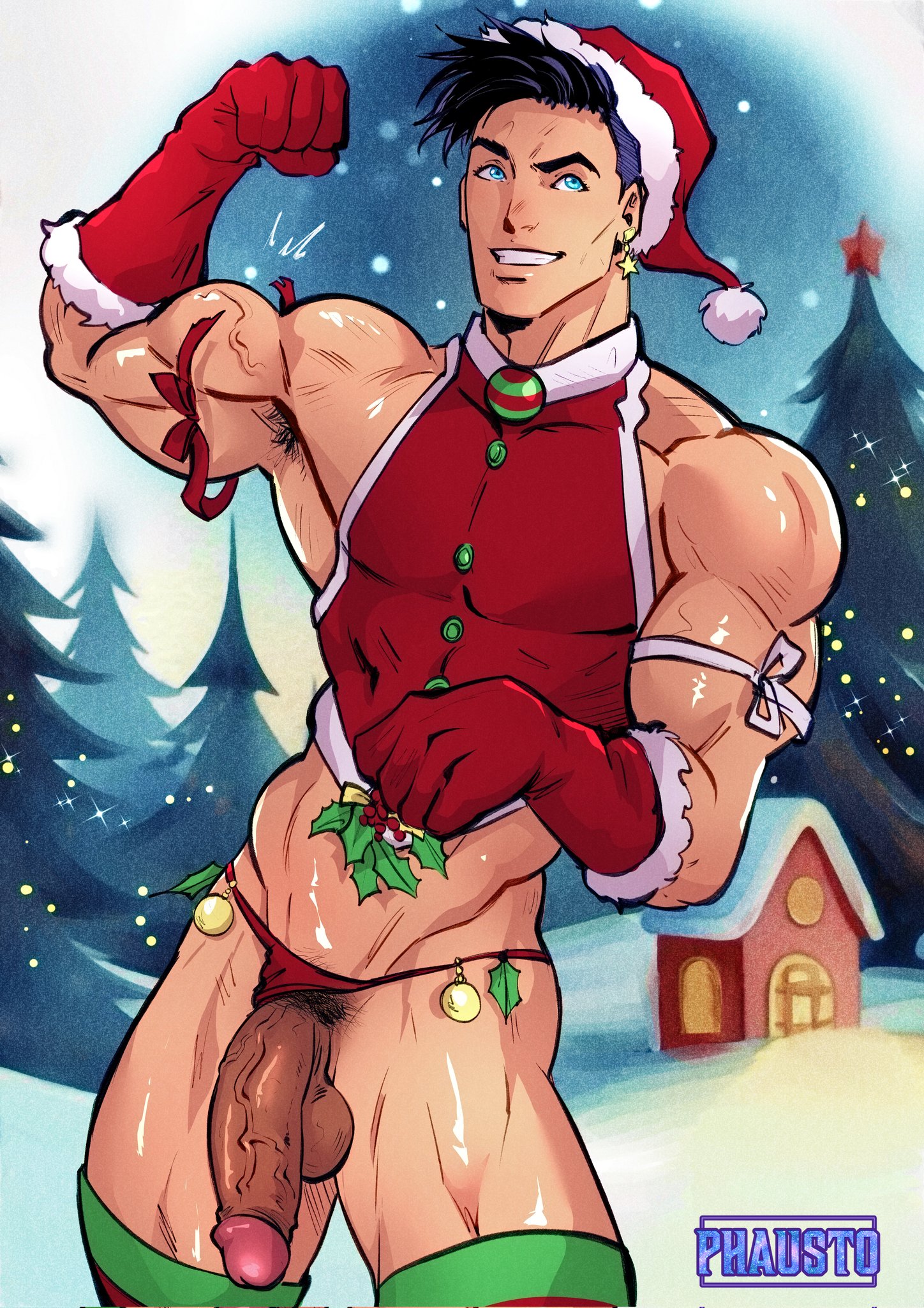 1boy, 2023, abs, artist name, balls, biceps, big penis, christmas, christmas outfit, dimensional soldiers g, jason (dsg), male, male only, penis, phausto, thong, underwear, veiny penis