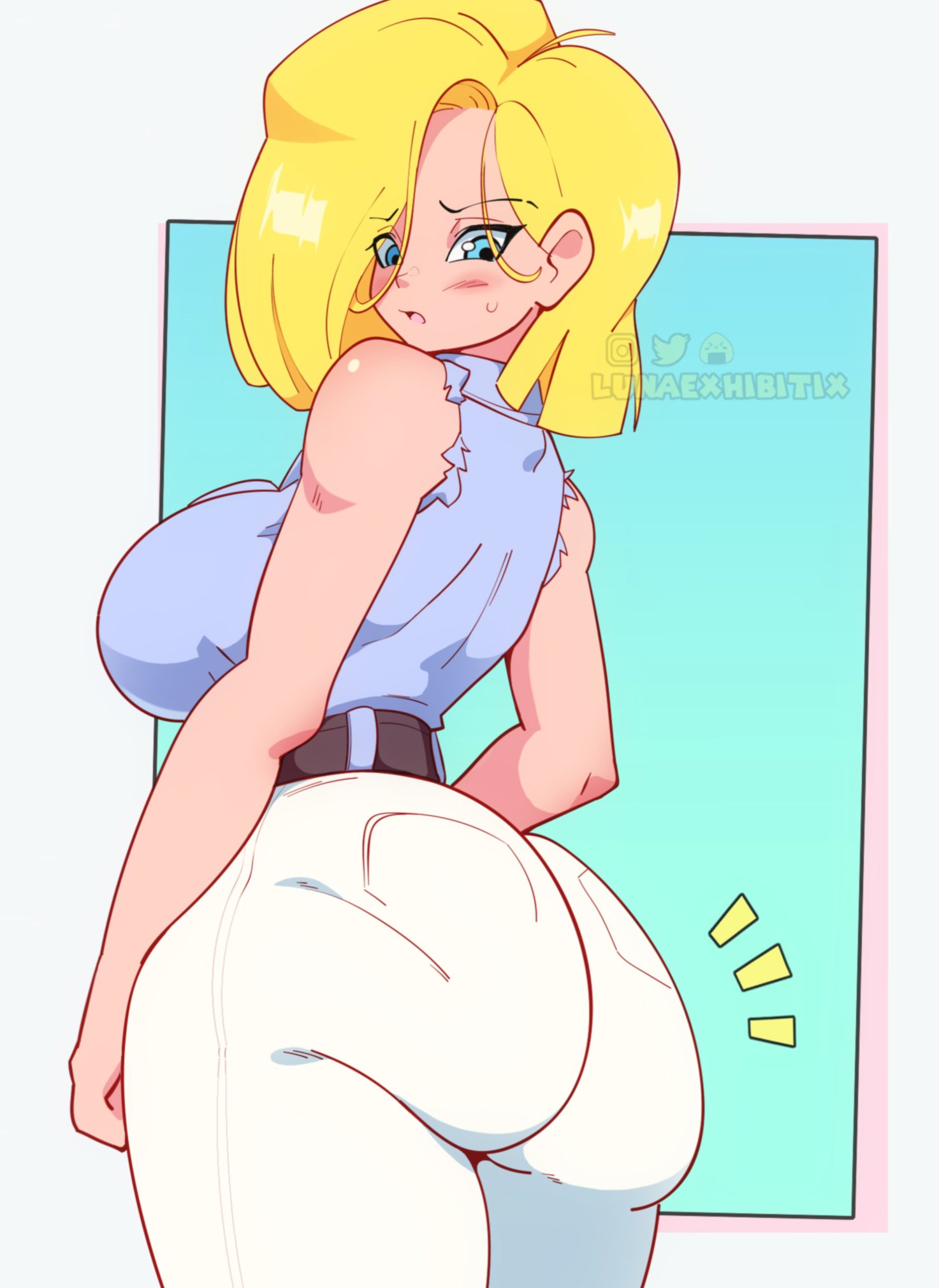 1girls, android 18, ass, ass too big, big ass, big ass (female), big breasts, big butt, blonde hair, blue eyes, blush, blush lines, blushing, breasts, dragon ball, dragon ball super, dragon ball z, fat ass, female, female only, large ass, large breasts, looking at own ass, looking at own butt, looking at viewer, looking back, looking back at ass, looking back at self, lunaexhabbitix, milf, pants, solo, solo female, solo focus, thick ass, thick thighs, thunder thighs, tight fit, tight jeans, undersized clothes, wardrobe malfunction, wide hips
