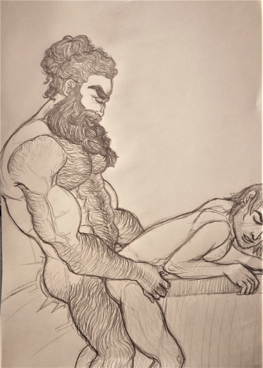 bartel beard beard_stubble bearded daniel deep_penetration doggy_style doggy_style doggy_style_position facial_hair gay gay_domination gay_sex hair_bun hairy_arms hairy_chest hairy_male long_hair long_hair_male manly motion_lines muscle muscular muscular_male pencil_(artwork) rough_sex sketch traditional_media traditional_media_(artwork)