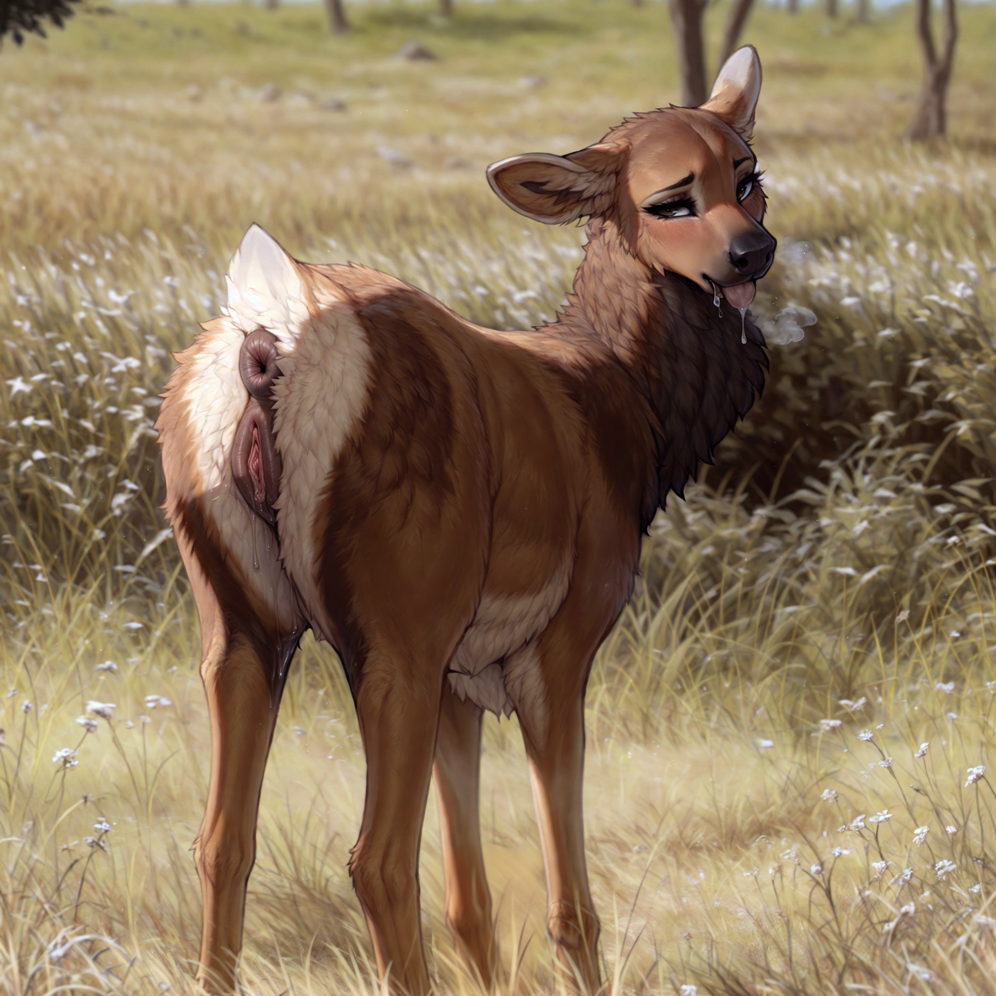 1:1, ai generated, anus, belly, bodily fluids, brown body, brown eyes, brown fur, cervid, cervine, colored, deer, detailed, detailed background, dripping pussy, drooling, elk, female, feral, fur, genital fluids, genitals, hi res, lungfish1223, mammal, plant, presenting, pussy, pussy juice, raised tail, saliva, solo, tongue, tongue out, wapiti, white belly