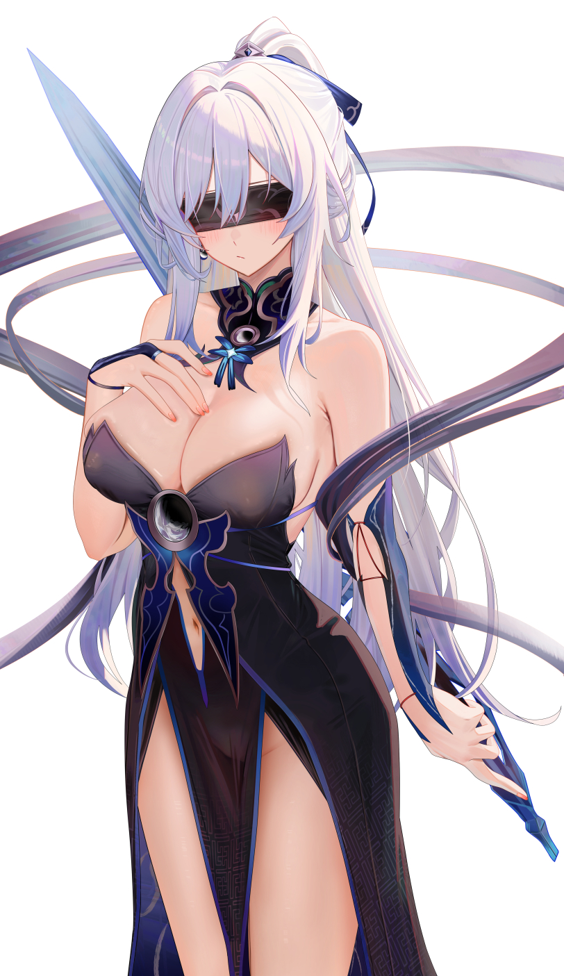 1girls, blindfold, blindfolded, blush, blush lines, blushing, breasts, china dress, chinese clothes, female, female focus, female only, hand on breast, honkai (series), honkai: star rail, jingliu (honkai: star rail), large breasts, light skin, light-skinned female, long hair, no bra, no panties, ru zhai, skimpy, skimpy clothes, skimpy dress, sword, tagme, white hair