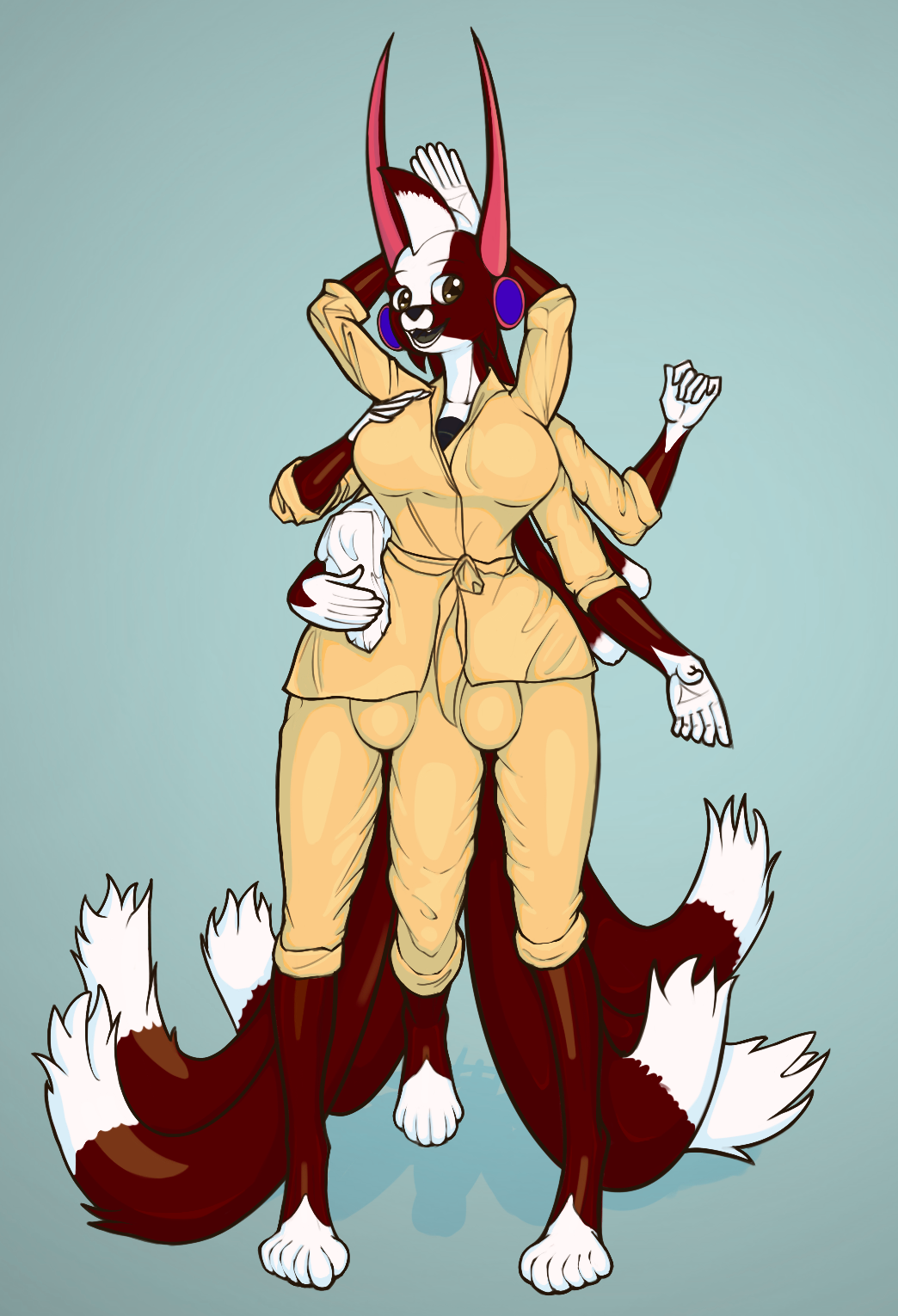 2023 3_breasts 3_legs 6_arms 6_fingers 6_tails 6_toes anthro balls breasts clothed clothing cougar digital_media_(artwork) diphallia diphallism feet felid feline fingers futa_only gynomorph hi_res intersex mammal multi_arm multi_balls multi_breast multi_genitalia multi_leg multi_limb multi_penis multi_tail open_mouth pajamas penis pillow simple_background sleeps-darkly_(artist) smile solo tail toes vox_(strredwolf)