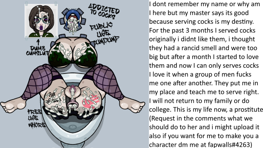 anus, ass, ass slap, asshole, asshole stretched wide, big ass, big butt, big lips, big nipples, bimbo, bimbofication, black pants, black skirt, body writing, breasts, caption, cum, cum in ass, cum in mouth, cum in pussy, cum on ass, cum on body, cum on breasts, cum on face, fapwall, fapwalls, feet, female, fishnet, fishnets, free use, glasses, glory hole, green shirt, humiliation, legs spread, legs up, mind break, picture frame, prostitution, public use, purple lipstick, purple stockings, pussy, roleplay, sex for money, sheryl (fapwall), spread legs, story, stuck in wall, text, thick thighs, through wall, toes, tongue, tongue out, torn clothes, torn pants, urinal, vagina, writing on wall