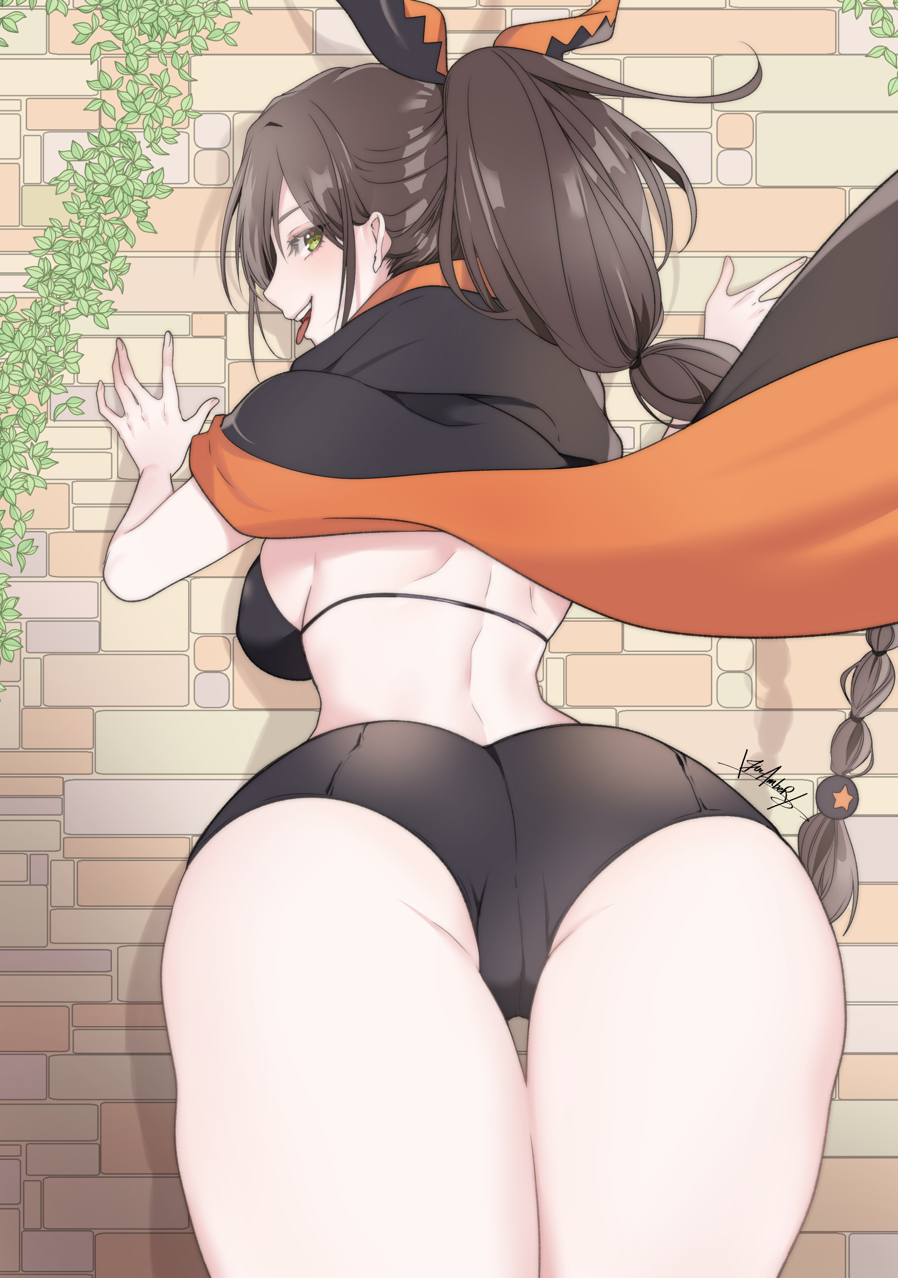 absurdres, against wall, ass, backboob, beckoning, big ass, bikini, breasts, come hither, female, highres, huge ass, large breasts, looking at viewer, looking back, naughty face, ponytail, re:zero kara hajimeru isekai seikatsu, shaula (re:zero), short shorts, shorts, solo, swimsuit, tagme, teasing, thick thighs, thighs, tongue, tongue out