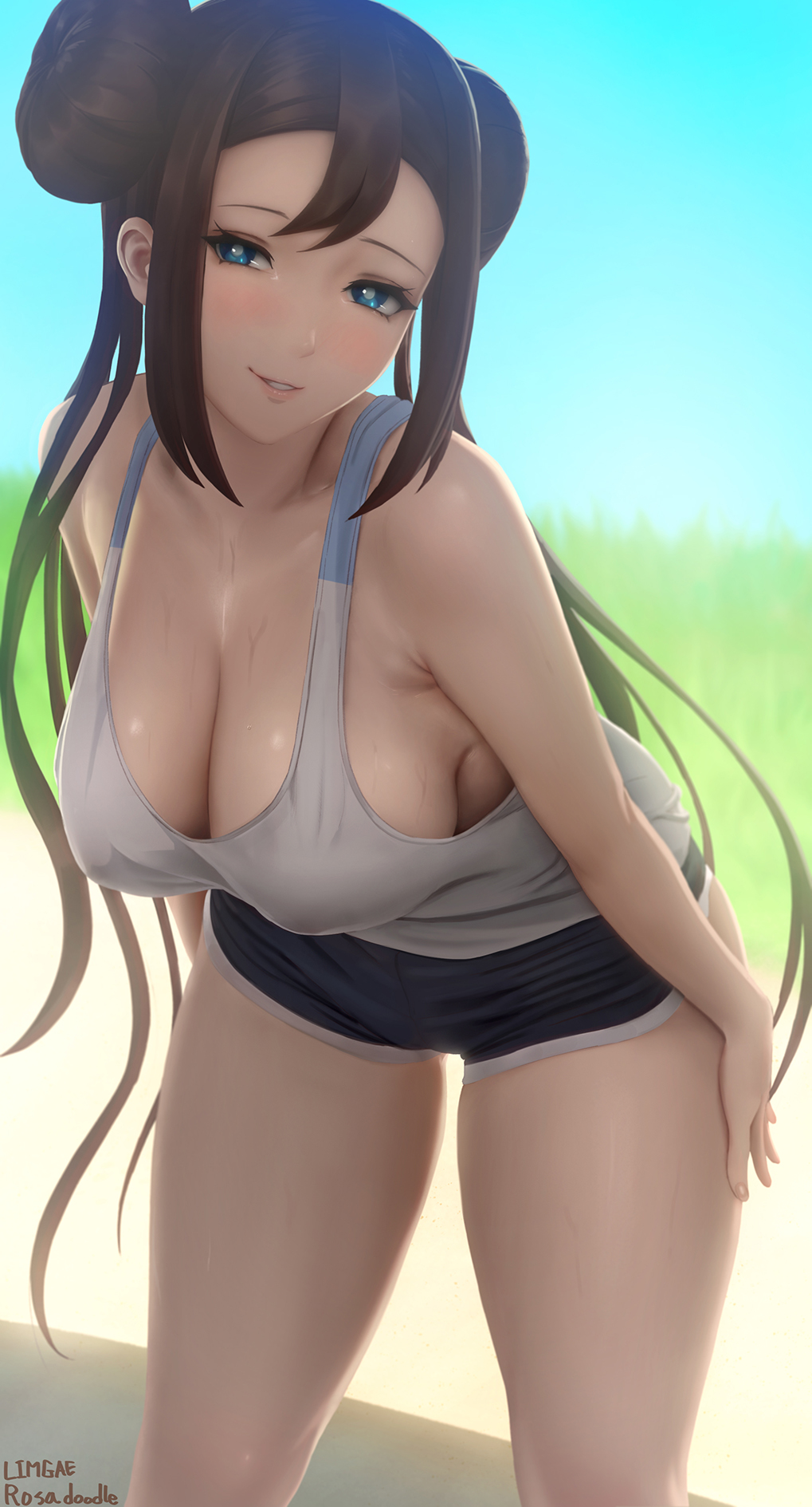 1girls, 2022, armpits, blue eyes, blurry background, blush, booty shorts, breasts, brown hair, cleavage, female, female only, higher resolution available, large breasts, leaning forward, limgae, long hair, looking at viewer, naughty face, nintendo, outdoors, pokemon, pokemon bw2, rosa (pokemon), short shorts, shorts, slim waist, smile, sweat, sweaty body, sweaty breasts, tank top, teasing, teasing viewer, thick thighs, thighs, twin buns, twintails, wide hips