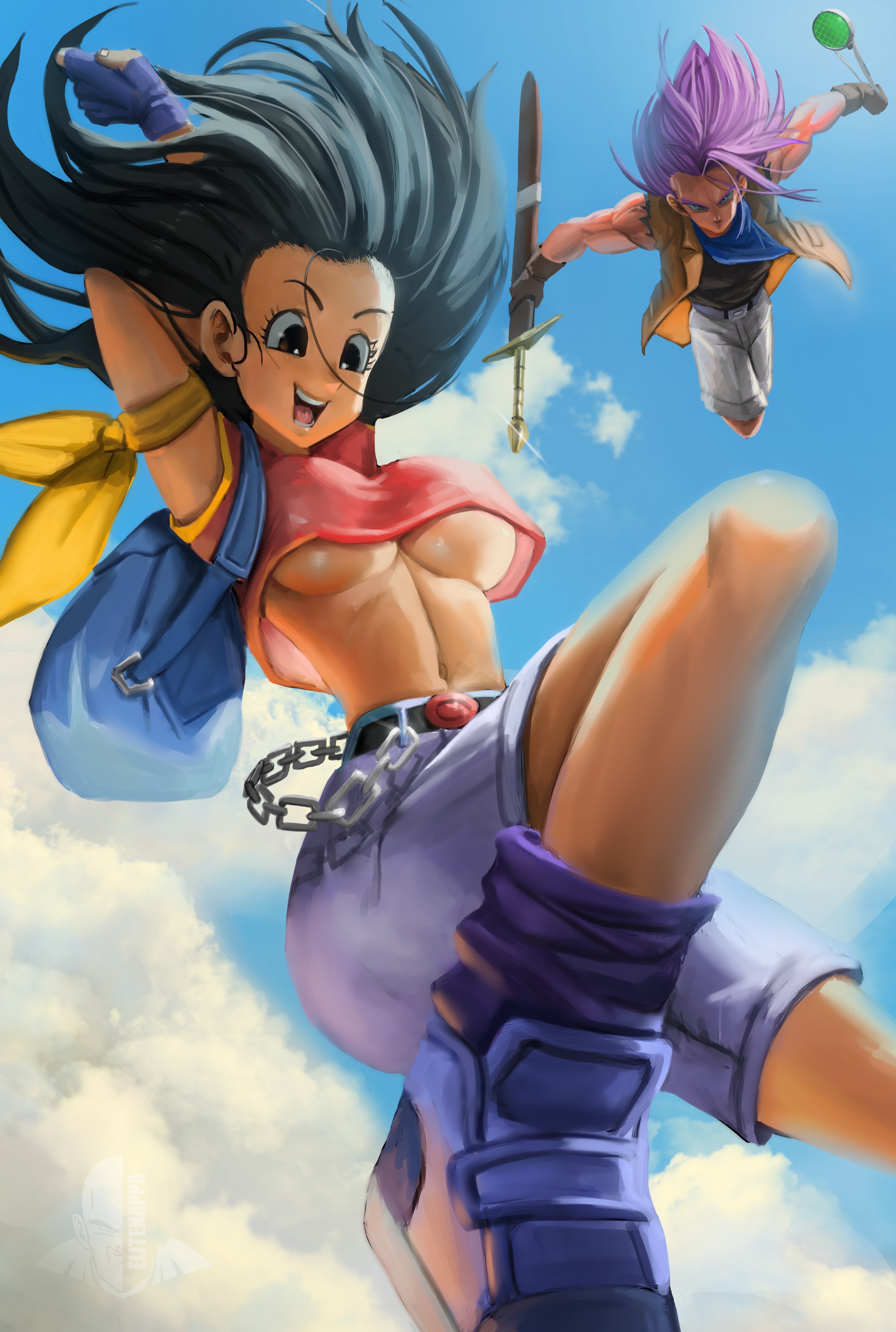 1girls, 2d, aged up, bandana, big breasts, breasts, dragon ball, dragon ball gt, elitenappa, female, large breasts, looking down, male, medium breasts, midriff, older, pan (dragon ball), red shirt, saiyan, short hair, shounen jump, tomboy, trunks briefs, underboob