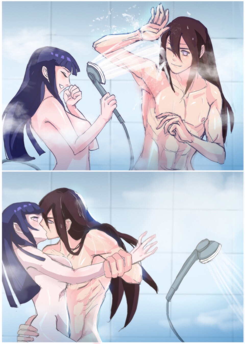 1boy 1girls bathroom cousins female hyuuga_hinata hyuuga_neji incest kissing long_hair long_hair_male male male/female male_and_female_focus mixed_bathing naruto naruto_(series) naruto_shippuden nude playing pulling shower shower_head showering showering_together straight washing wholesome