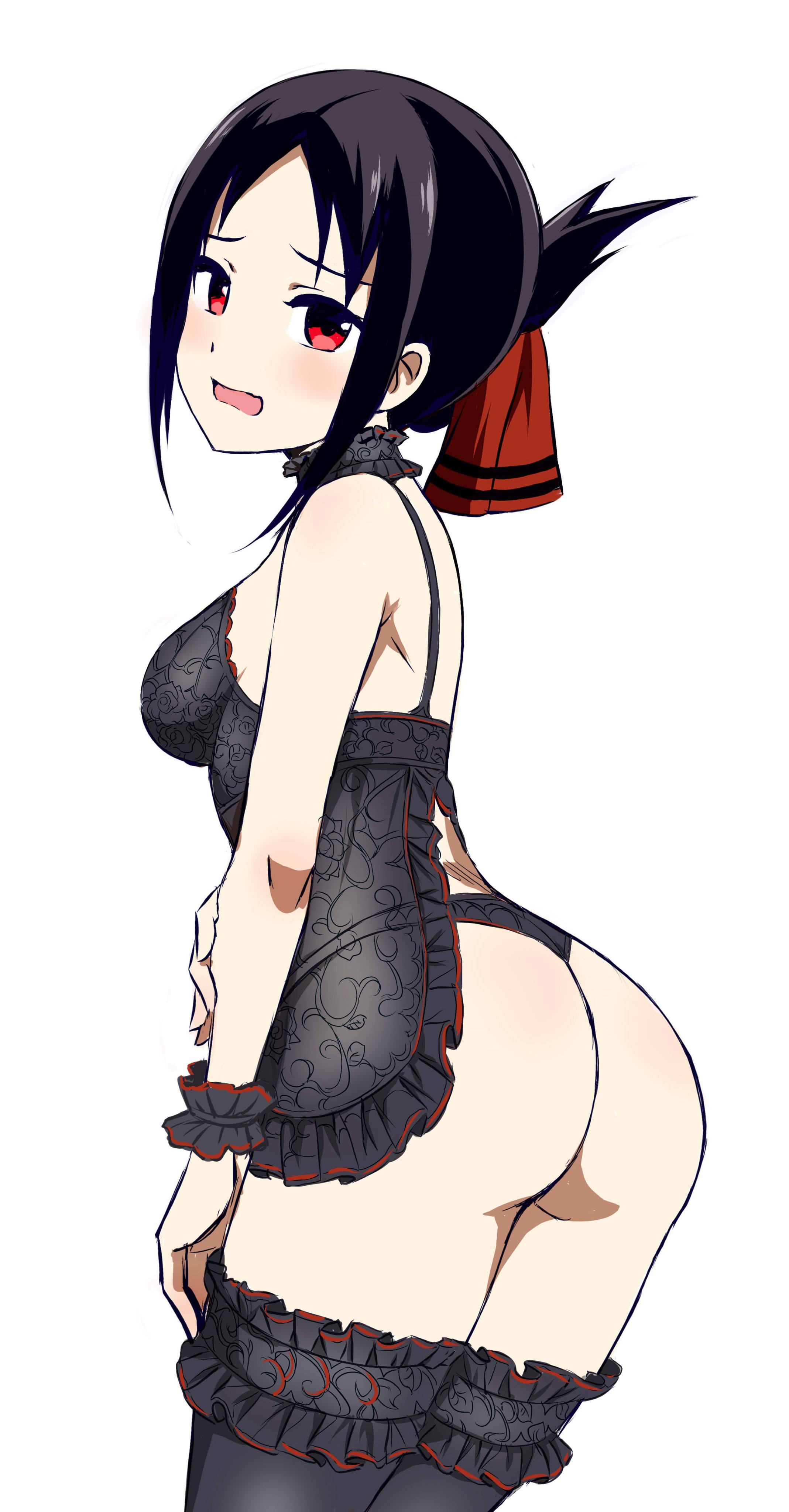 1girls, ass, ass focus, babydoll, big ass, black bra, black hair, black legwear, black panties, black thighhighs, blush, box wonderland, bra, breasts, clothing, embarrassed, female, kaguya-sama wa kokurasetai ~tensai-tachi no renai zunousen~, legs together, matching underwear, open mouth, panties, shinomiya kaguya, short hair, thighhighs