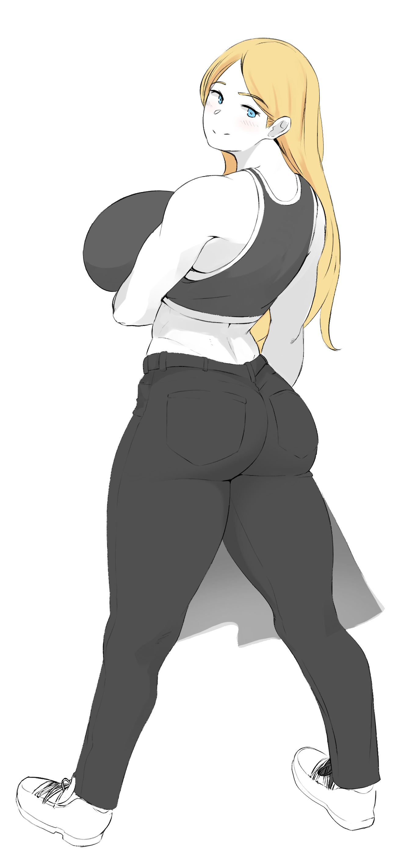 absurdres, ass, black sports bra, blonde hair, breasts, commentary, commission, english commentary, female, freya (setawar), highres, huge breasts, looking at viewer, looking back, original, pants, setawar (coco), solo, sports bra, sportswear, track pants