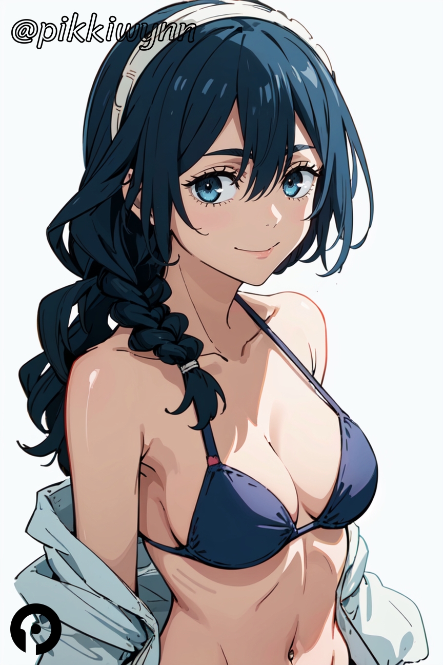 ai_generated amanai_riko bikini blue_bikini blue_eyes blue_hair braid breasts cleavage closed_mouth collarbone female hair_between_eyes hairband jujutsu_kaisen long_hair looking_at_viewer medium_breasts navel pikkiwynn simple_background smile solo swimsuit upper_body white_background