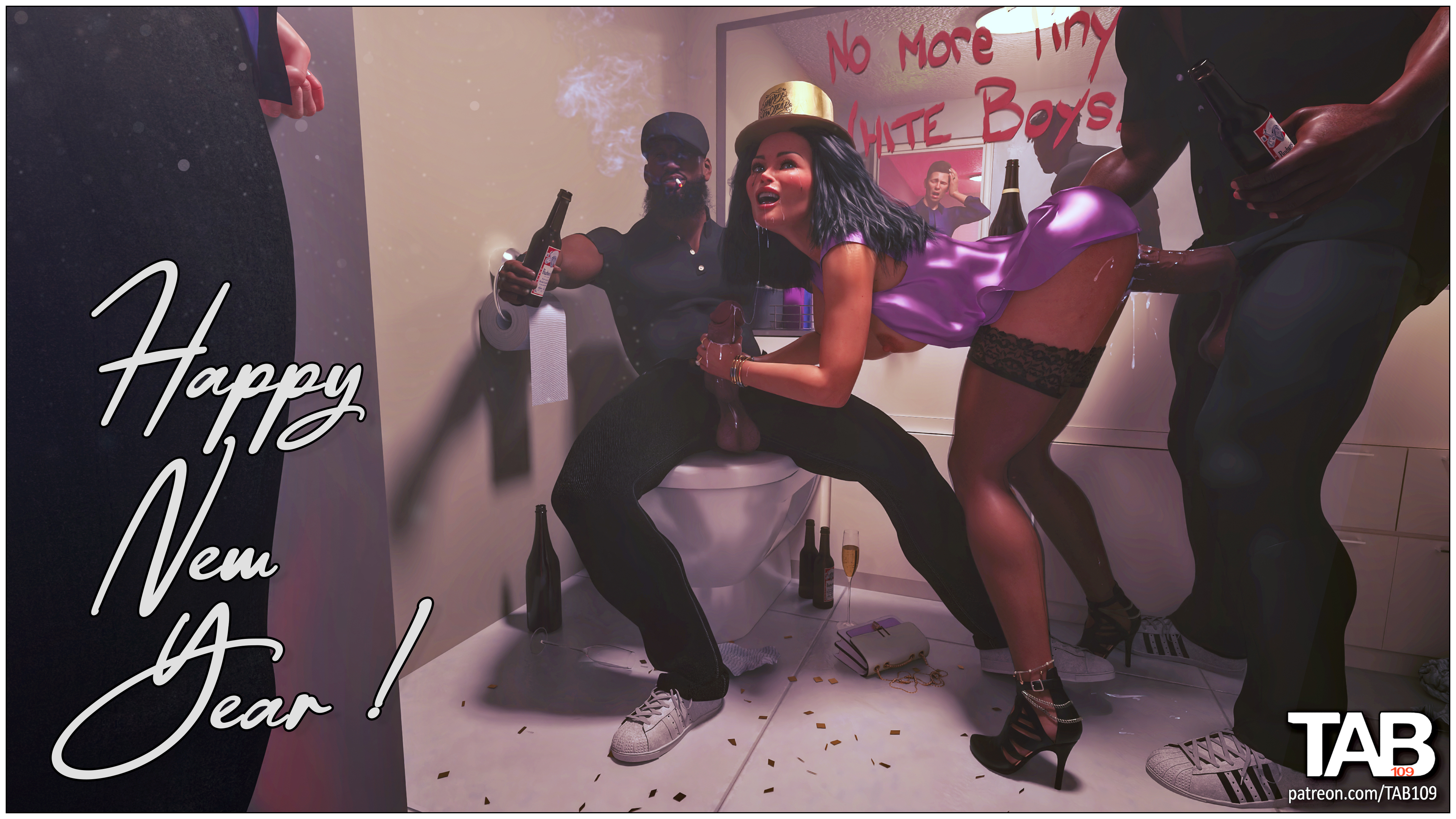 1girls, 3boys, 3d, big penis, breasts, cheating, cuckold, dark skin, dark-skinned male, female, from behind, handjob, interracial, large breasts, male, new year, penis, small penis humiliation, tab109, threesome