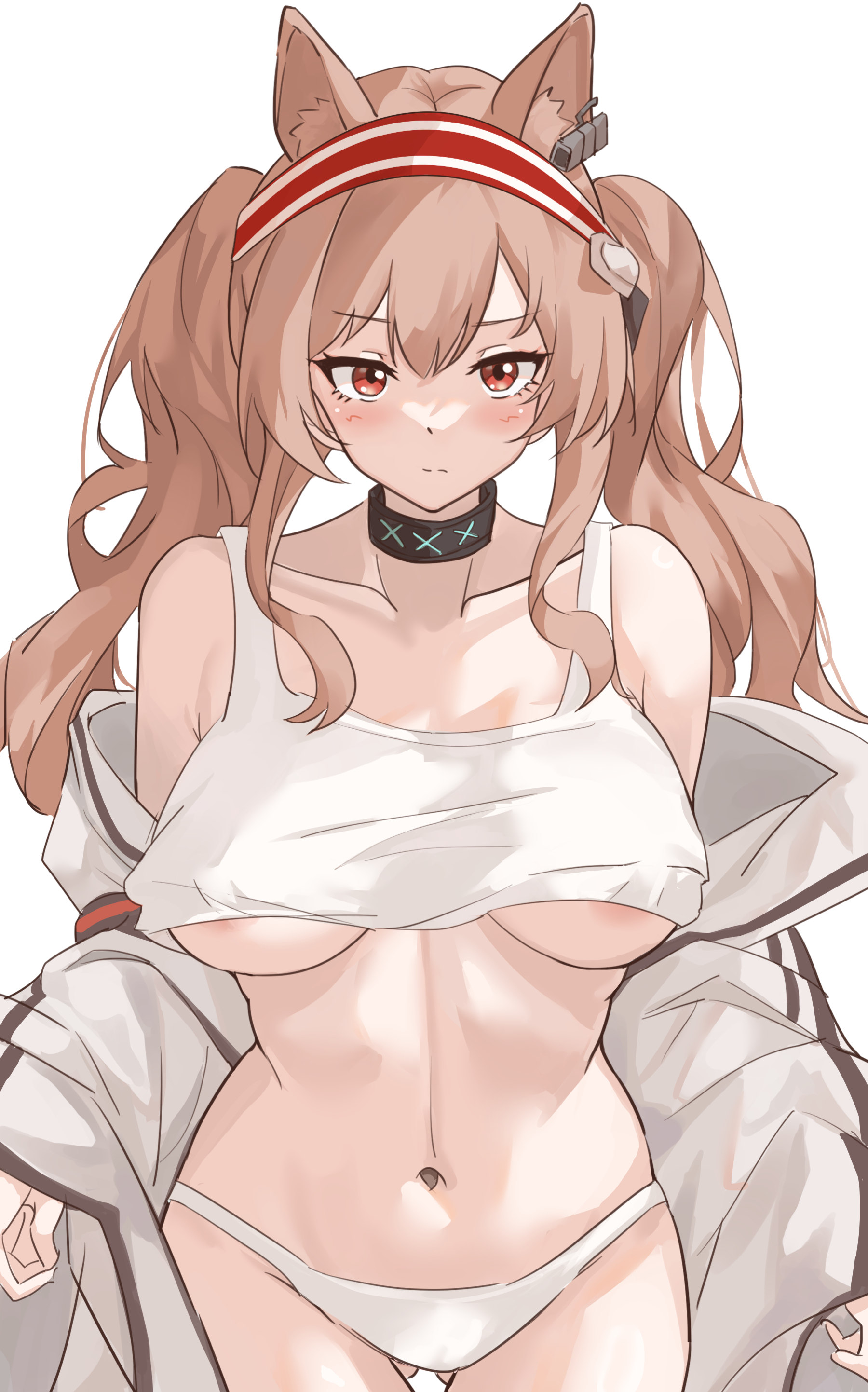 1girls, angelina (arknights), animal ear fluff, animal ears, arknights, ass visible through thighs, belly, belly button, big breasts, big thighs, breasts, brown hair, busty, coat, coat partially removed, collar, collarbone, curvaceous, curvy, female, female only, fluffy, fluffy hair, fox ears, fox girl, hairband, headgear, headwear, hi res, hips, huge breasts, huge thighs, infection monitor (arknights), large breasts, large thighs, light skin, light-skinned female, lolifreak, long hair, massive breasts, massive thighs, midriff, navel, panties, red eyes, red hairband, seductive, seductive look, simple background, solo, solo female, stomach, tank top, thick, thick thighs, thighs, twintails, underboob, very long hair, voluptuous, waist, wasp waist, white background, wide hips, wide thighs