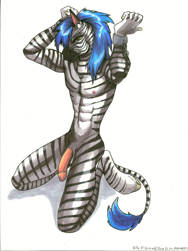 1boy anthro ayame_emaya blue_hair cuffs equid equine flaccid flaccid_penis furry hooves male mammal nipples on_knees penis solo solo_male striped striped_body striped_markings stripes wrist_cuffs zebra