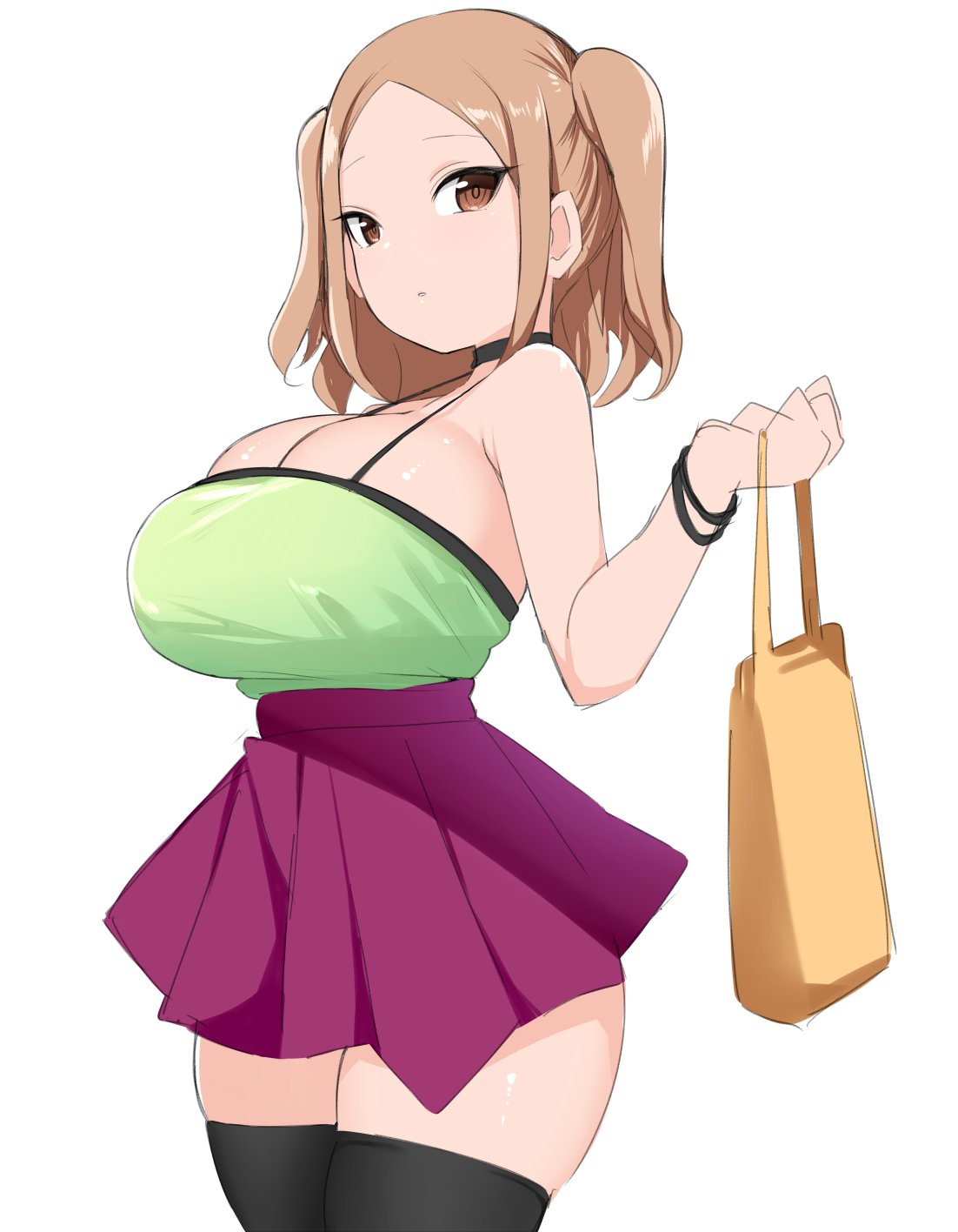 1girls bag bangs bare_shoulders bebebe_(pepegakii) black_choker black_legwear blush breasts brown_eyes brown_hair bulging_breasts camisole choker cleavage collarbone enormous_breasts female female_focus female_only green_camisole hi_res high-waist_skirt high_resolution highres huge_breasts looking_at_viewer manabebebe massive_breasts matching_hair/eyes oppai original original_character overflowing_breasts purple_skirt purse ririka-chan_(bebebe) short_hair short_skirt simple_background skirt solo standing thighhighs two_side_up voluptuous white_background