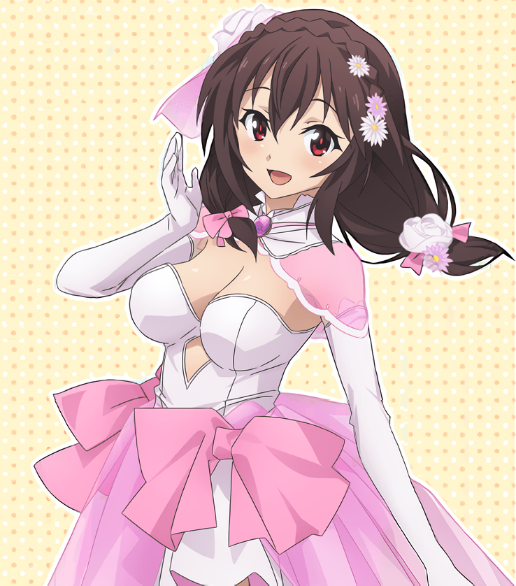 1girls big_breasts breasts brown brown_eyes cleavage flower flower_in_hair hair_ornament happy kono_subarashii_sekai_ni_shukufuku_wo! large_breasts long_gloves looking_at_viewer marusankaku medium_hair no_bra pink_bow red_eyes wedding_dress wedding_gloves white_dress yunyun_(konosuba)