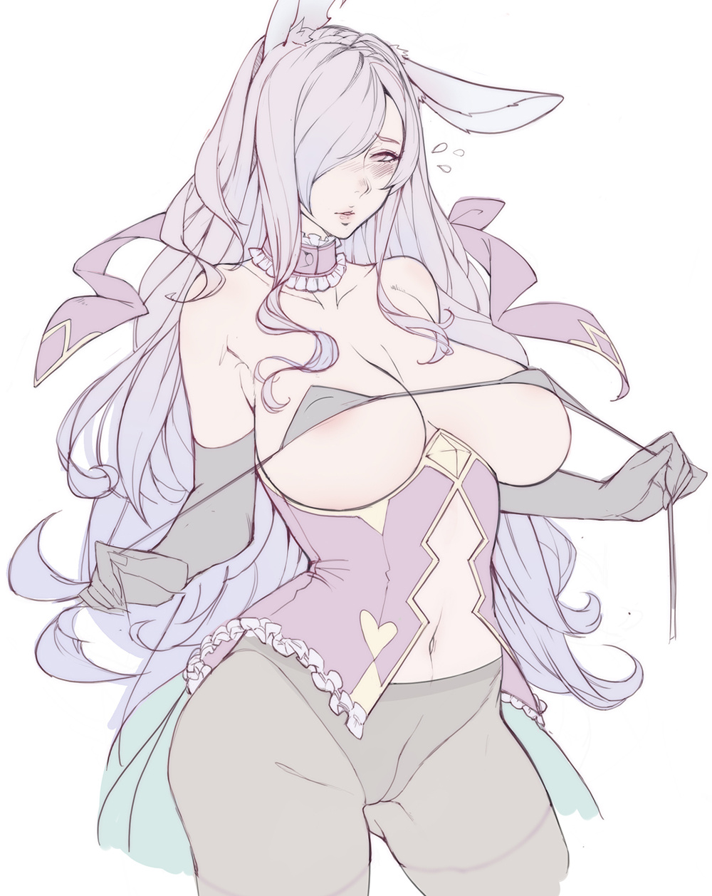 1girls blush breasts bunny_ears bunny_girl bunnysuit camilla_(fire_emblem) camilla_(spring)_(fire_emblem) choker corset covered_nipples exposed_belly exposed_breasts fire_emblem fire_emblem_fates gloves gtunver hair_over_one_eye large_breasts long_hair nintendo pale_skin pale_skinned_female pink_areola pink_nipples purple_hair sketch source_request tights tiny_bikini topless