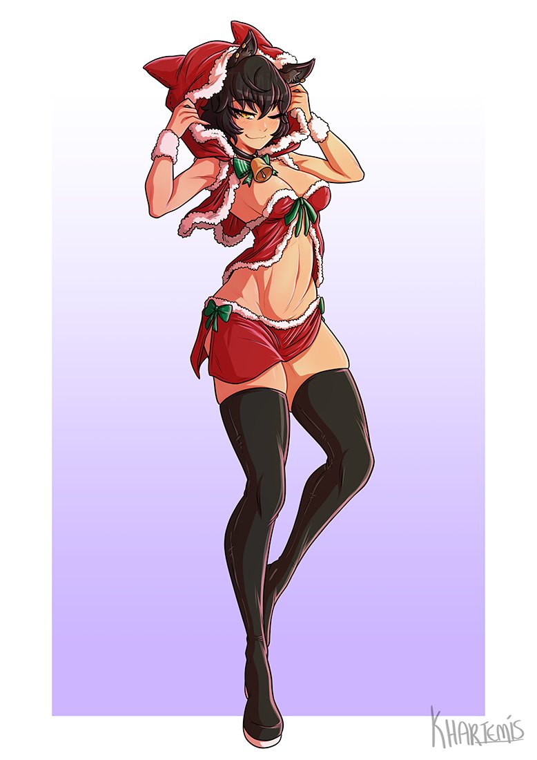 1girls black_hair christmas christmas_outfit faunus female_only kali_belladonna khartemis looking_at_viewer rwby shiny_hair shiny_skin short_hair solo solo_female tagme