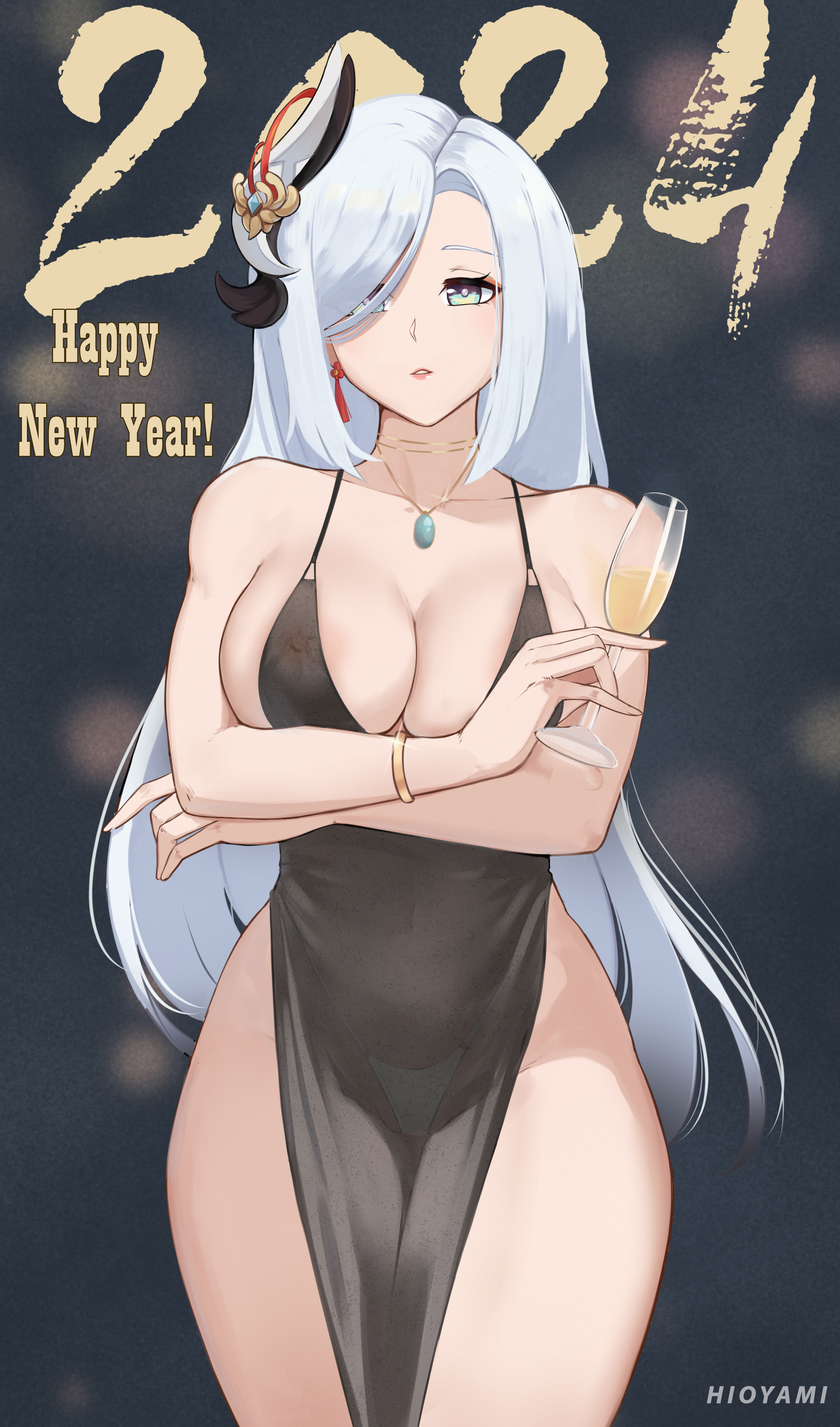 1girls, blue eyes, breasts, cleavage, dress, female, genshin impact, hair over one eye, hioyami, huge breasts, light skin, light-skinned female, long hair, naughty face, shenhe (genshin impact), solo female, thick thighs, white hair, wide hips