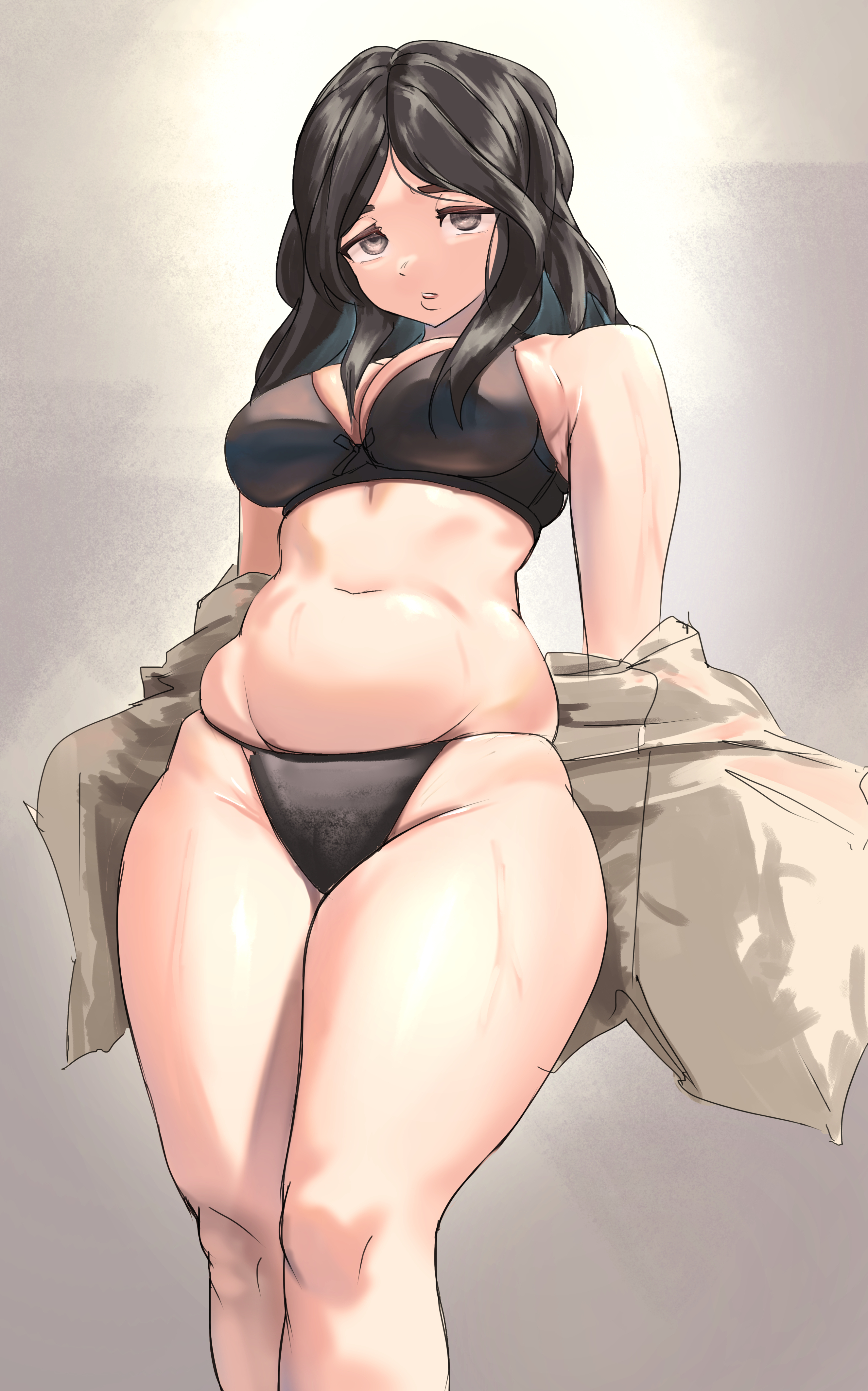 1girls, arms at sides, attack on titan, bare midriff, black bra, black hair, black underwear, bra, breasts, cleavage, dark hair, drawn, female, female focus, female only, half clothed, half-dressed, hips, jacket, jacket off shoulders, light skin, light-skinned female, long hair, looking at viewer, navel, pieck finger, plump, removing jacket, ribbon bra, shingeki no kyojin, showing off, simple background, solo, solo female, thighs, underwear, undressing