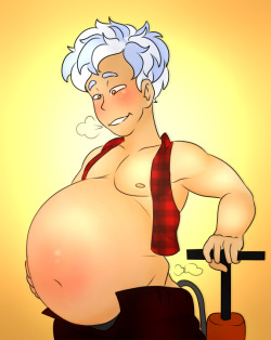 1boy air_inflation belly_expansion belly_inflation big_belly bike_pump clothed inflation looking_pleasured male male_only pump round_belly self_inflation solo spherical_belly unknown_character