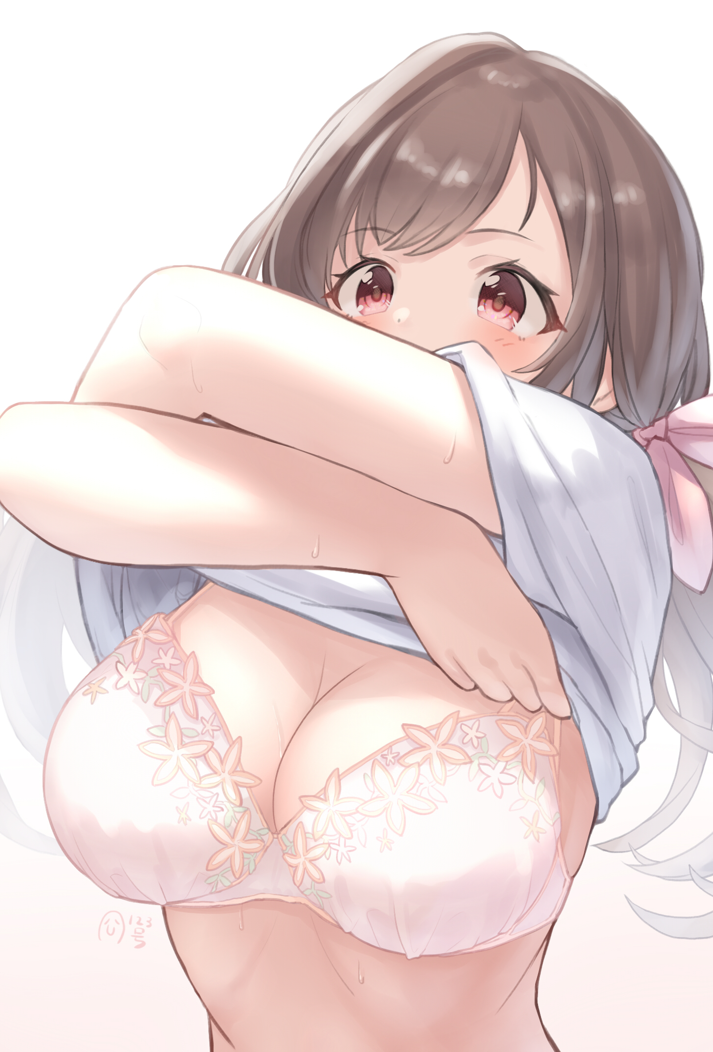 bangs, blush, bra, breasts, brown hair, commentary request, eyebrows visible through hair, female, floral print, hair ribbon, highres, idolmaster, idolmaster shiny colors, kijibato 123-gou, large breasts, lingerie, long hair, midriff, red eyes, ribbon, shirt, signature, simple background, solo, sweat, t-shirt, tsukioka kogane, underwear, undressing, white background, white bra, white shirt